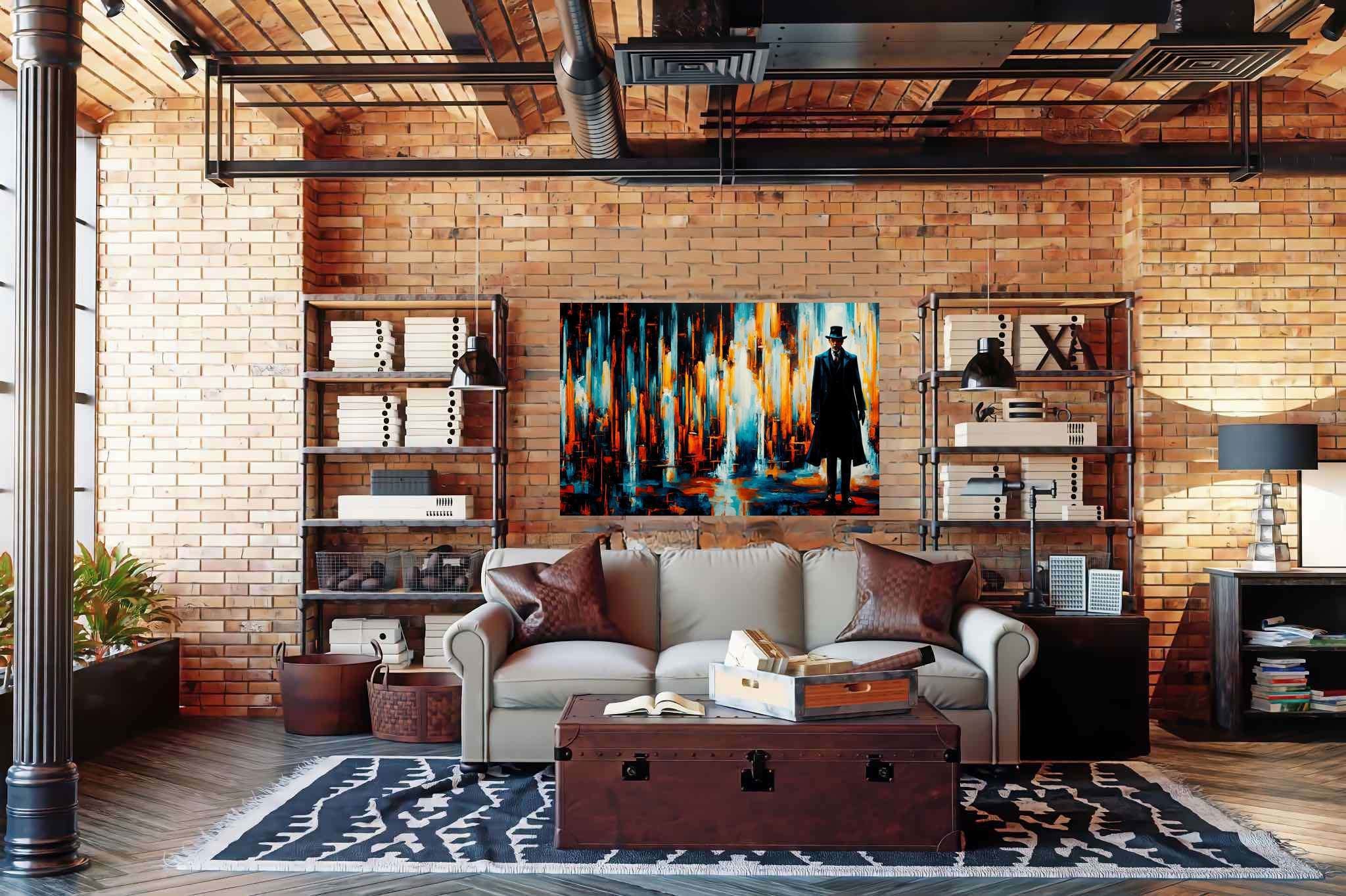 Chaos in sartorial repose: Abstract art with geometric shapes, in a room with great design, abstract paintings, and home styling items. The art can be printed on poster, framed poster, canvas, metal, acrylic or wood, exclusively at WallArtZen. Find this exact print at https://wallartzen.com/waz126