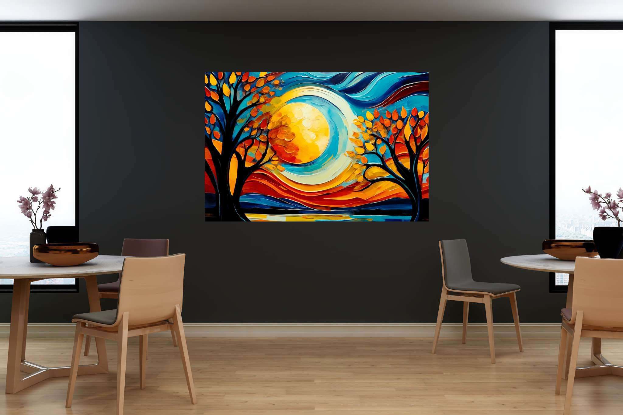 Sunrise duet in the hinterland dreamscape: Surreal landscape art with surreal landscape photography, in a room with artistic style, framed art, and elegant home goods. The art can be printed on poster, framed poster, canvas, metal, acrylic or wood, exclusively at WallArtZen. Find this exact print at https://wallartzen.com/waz12