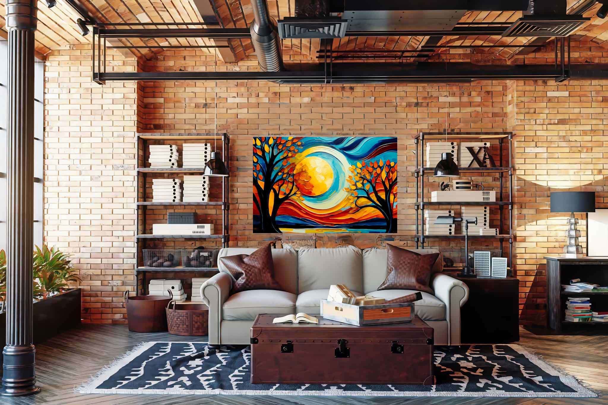 Sunrise duet in the hinterland dreamscape: Surreal landscape art with fantasy landscapes, in a room with modern style, framed art, and home furnishings. The art can be printed on poster, framed poster, canvas, metal, acrylic or wood, exclusively at WallArtZen. Find this exact print at https://wallartzen.com/waz12