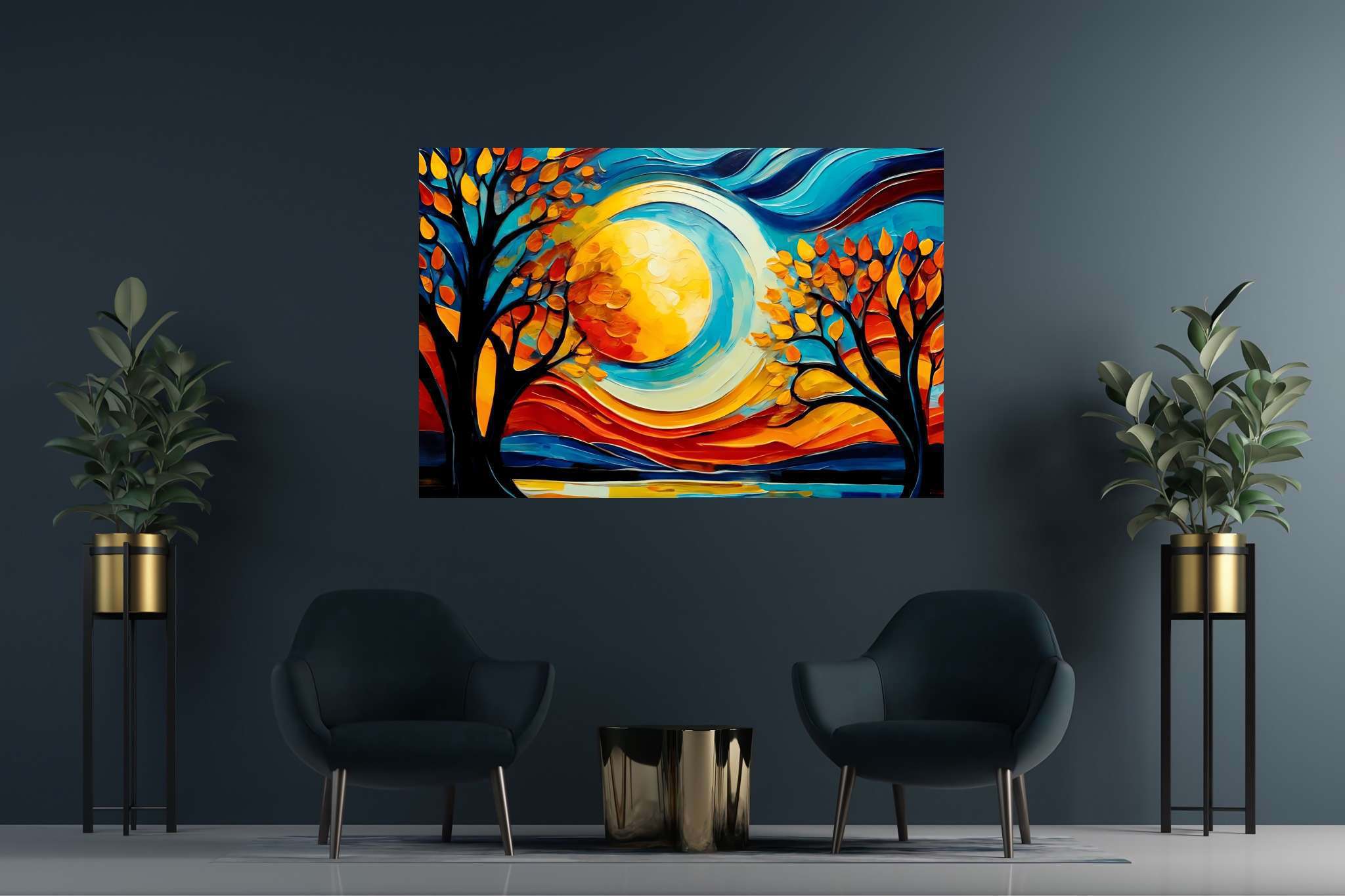 Sunrise duet in the hinterland dreamscape: Surreal landscape art with surrealistic paintings, in a room with classic elegance, framed art, and home styling items. The art can be printed on poster, framed poster, canvas, metal, acrylic or wood, exclusively at WallArtZen. Find this exact print at https://wallartzen.com/waz12