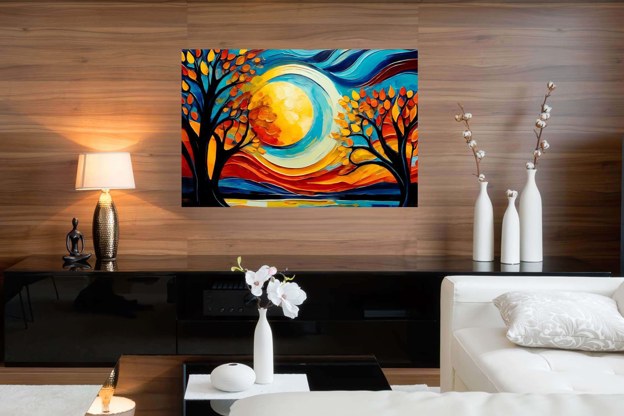 Sunrise duet in the hinterland dreamscape: Surreal landscape art with landscapes, in a room with artistic style, abstract paintings, and home furnishings. The art can be printed on poster, framed poster, canvas, metal, acrylic or wood, exclusively at WallArtZen. Find this exact print at https://wallartzen.com/waz12