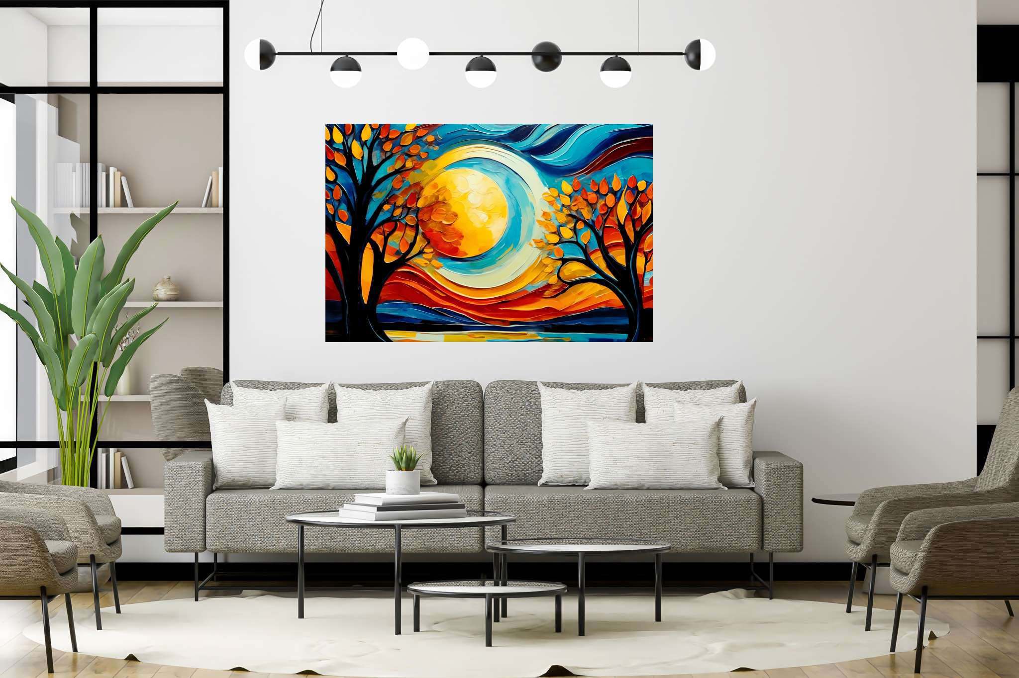 Sunrise duet in the hinterland dreamscape: Surreal landscape art with surreal landscape photography, in a room with classic elegance, abstract paintings, and trendy home accents. The art can be printed on poster, framed poster, canvas, metal, acrylic or wood, exclusively at WallArtZen. Find this exact print at https://wallartzen.com/waz12