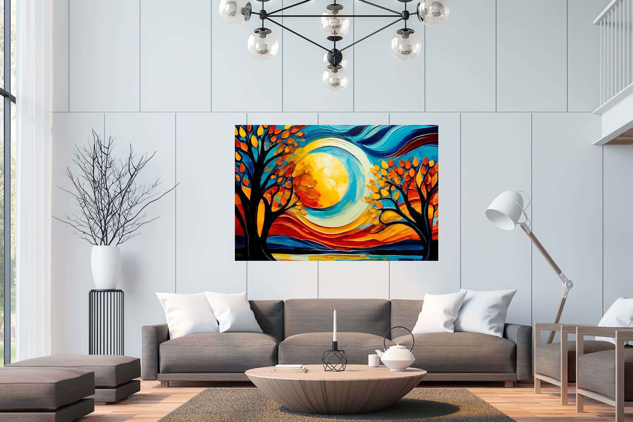 Sunrise duet in the hinterland dreamscape: Surreal landscape art with surreal landscape art, in a room with minimalist approach, wall hangings, and luxe decor. The art can be printed on poster, framed poster, canvas, metal, acrylic or wood, exclusively at WallArtZen. Find this exact print at https://wallartzen.com/waz12