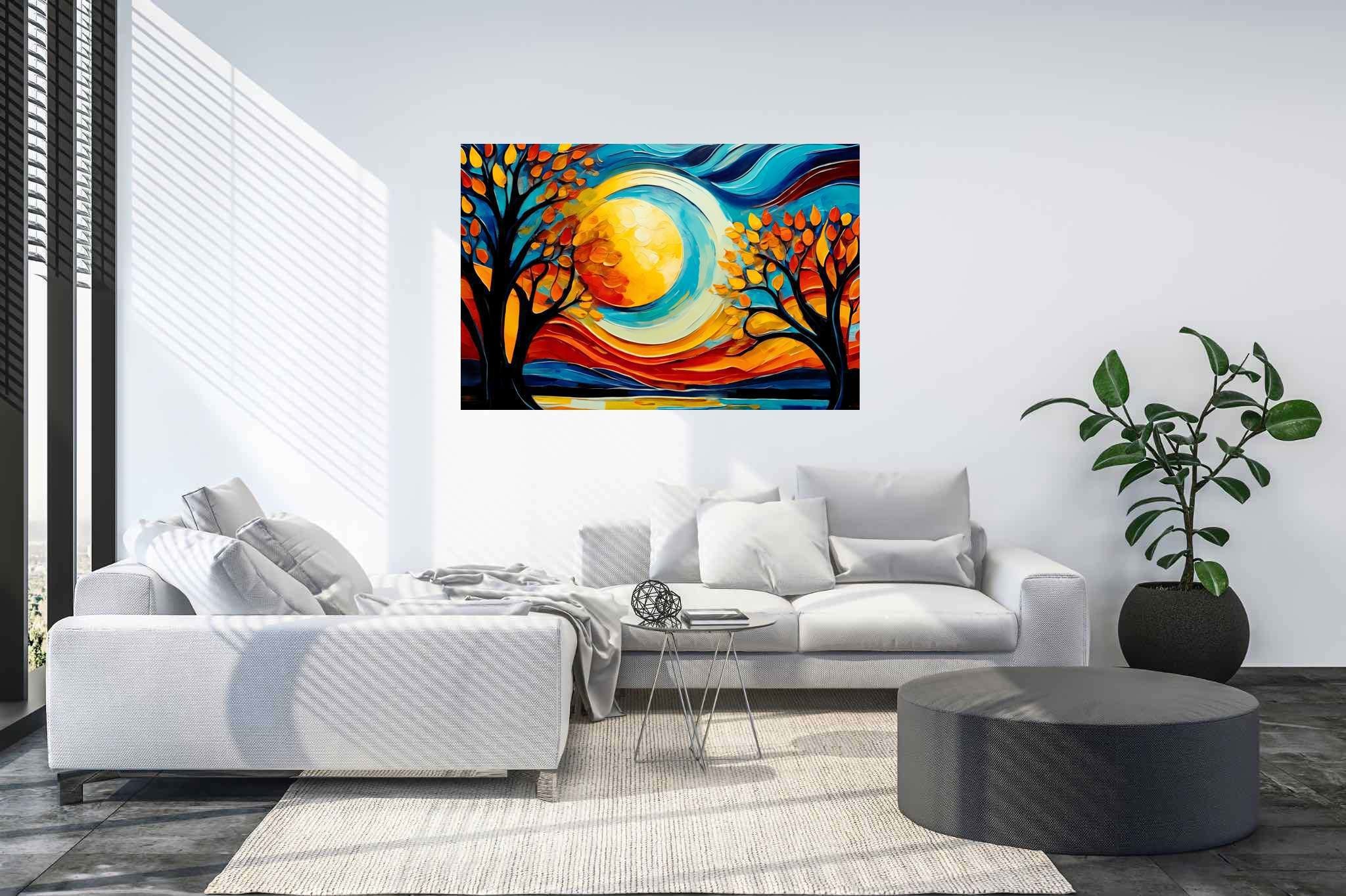 Sunrise duet in the hinterland dreamscape: Surreal landscape art with surreal landscape art, in a room with great design, digital art pieces, and stylish accessories. The art can be printed on poster, framed poster, canvas, metal, acrylic or wood, exclusively at WallArtZen. Find this exact print at https://wallartzen.com/waz12