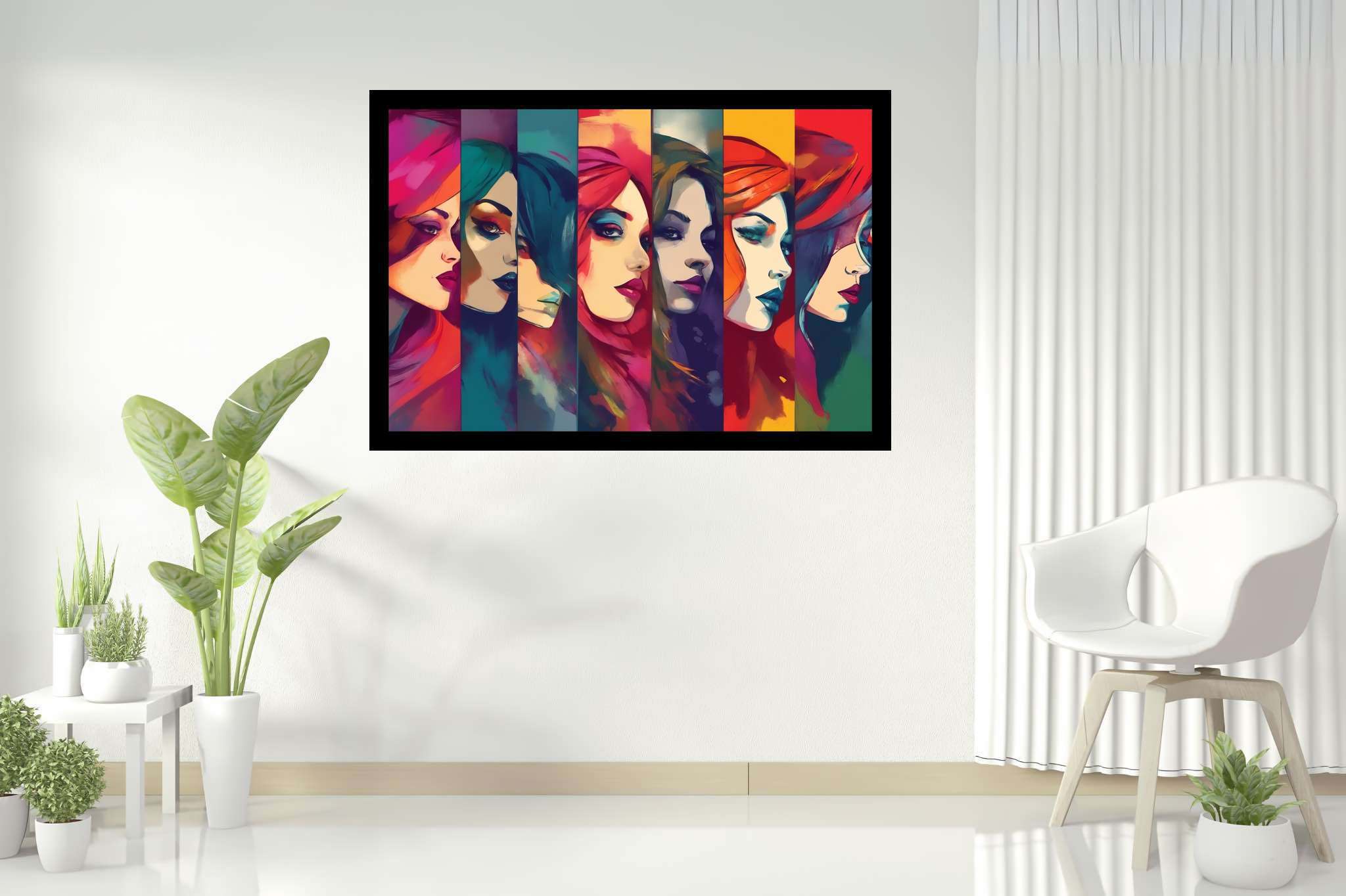 Splashes of her unfold: Colorful women art with expressive women art, in a room with innovative layout, canvas prints, and home styling items. The art can be printed on poster, framed poster, canvas, metal, acrylic or wood, exclusively at WallArtZen. Find this exact print at https://wallartzen.com/waz130