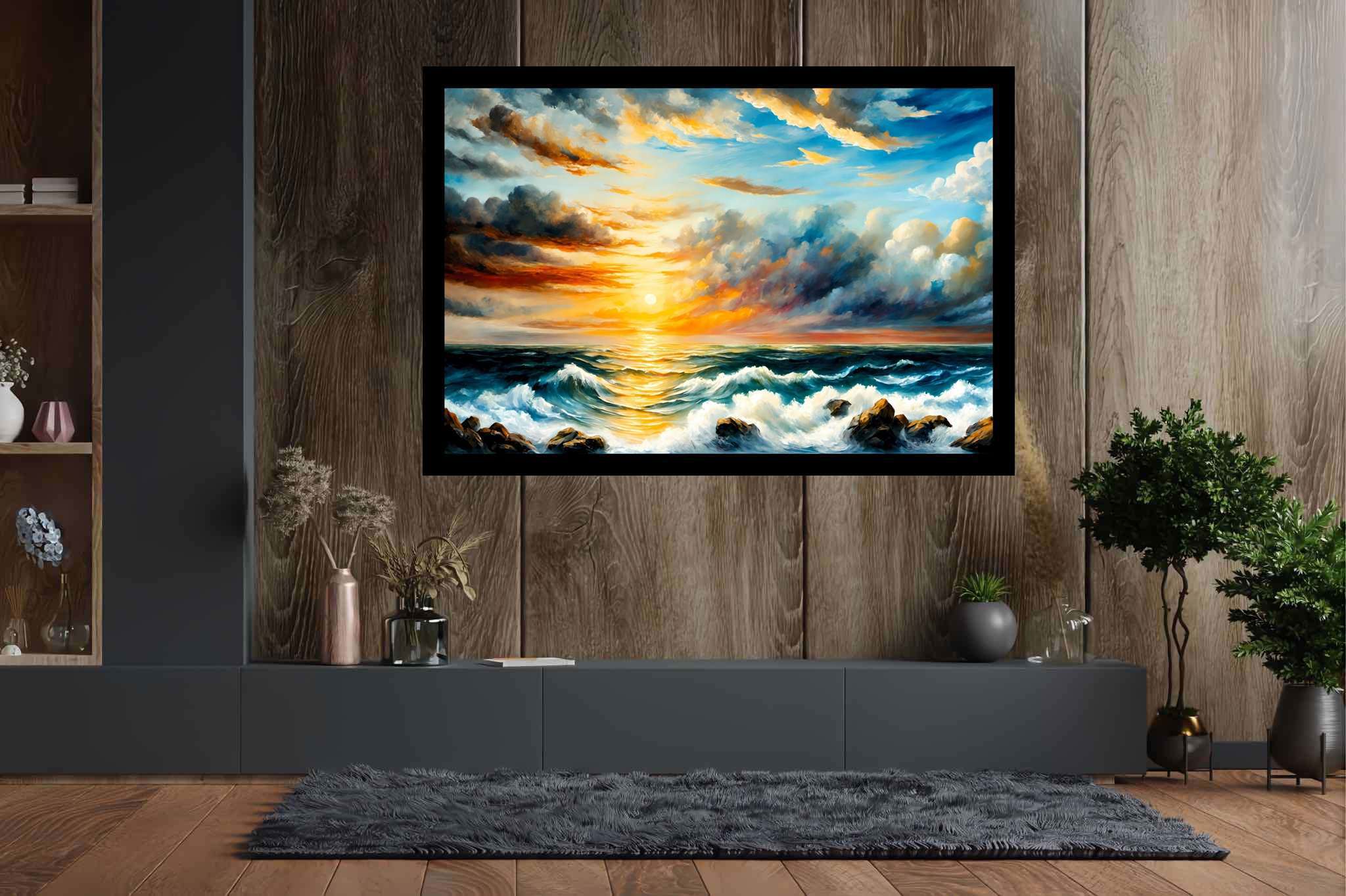 Golden serenity surge: Sunset art with landscape, in a room with chic decor, canvas prints, and artisan decor. The art can be printed on poster, framed poster, canvas, metal, acrylic or wood, exclusively at WallArtZen. Find this exact print at https://wallartzen.com/waz131