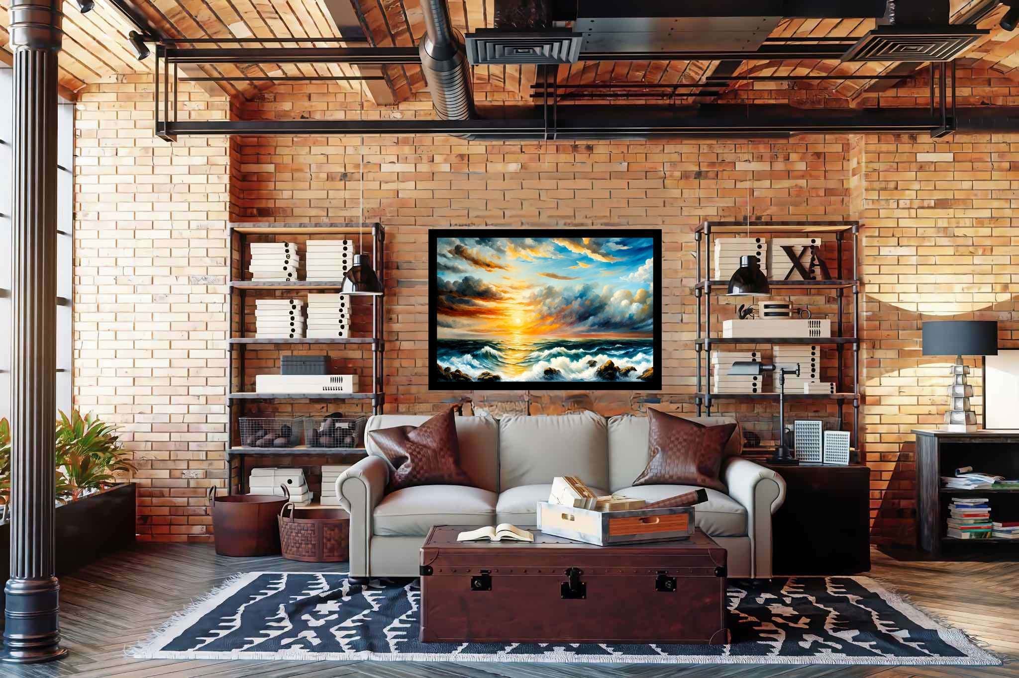 Golden serenity surge: Sunset art with serenity, in a room with great design, bespoke art designs, and home furnishings. The art can be printed on poster, framed poster, canvas, metal, acrylic or wood, exclusively at WallArtZen. Find this exact print at https://wallartzen.com/waz131