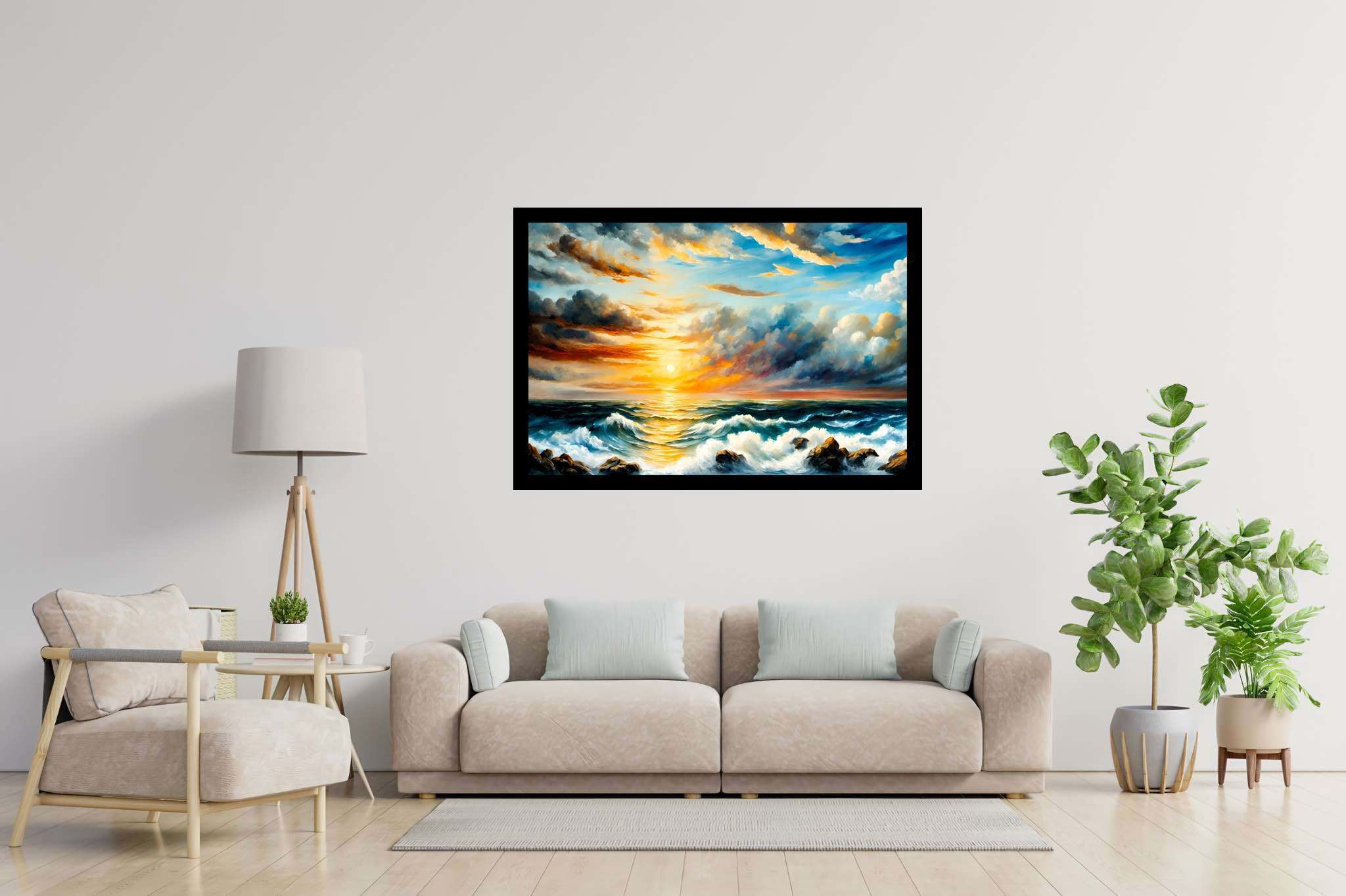 Golden serenity surge: Sunset art with sunset art, in a room with great design, framed art, and stylish accessories. The art can be printed on poster, framed poster, canvas, metal, acrylic or wood, exclusively at WallArtZen. Find this exact print at https://wallartzen.com/waz131