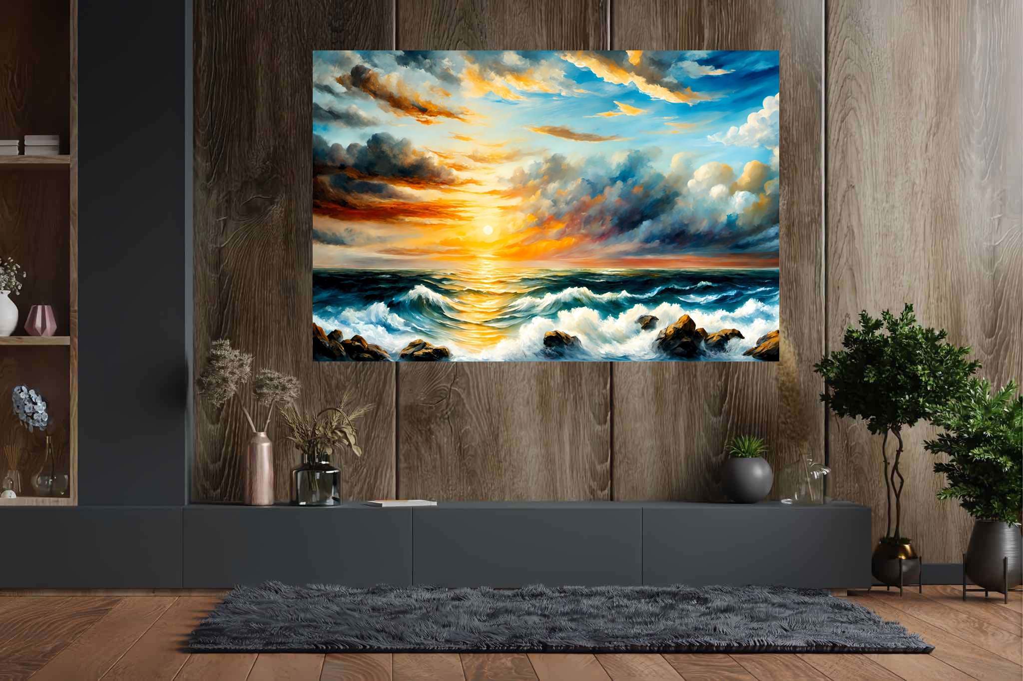 Golden serenity surge: Sunset art with evening, in a room with urban design, wall art, and interior decorations. The art can be printed on poster, framed poster, canvas, metal, acrylic or wood, exclusively at WallArtZen. Find this exact print at https://wallartzen.com/waz131