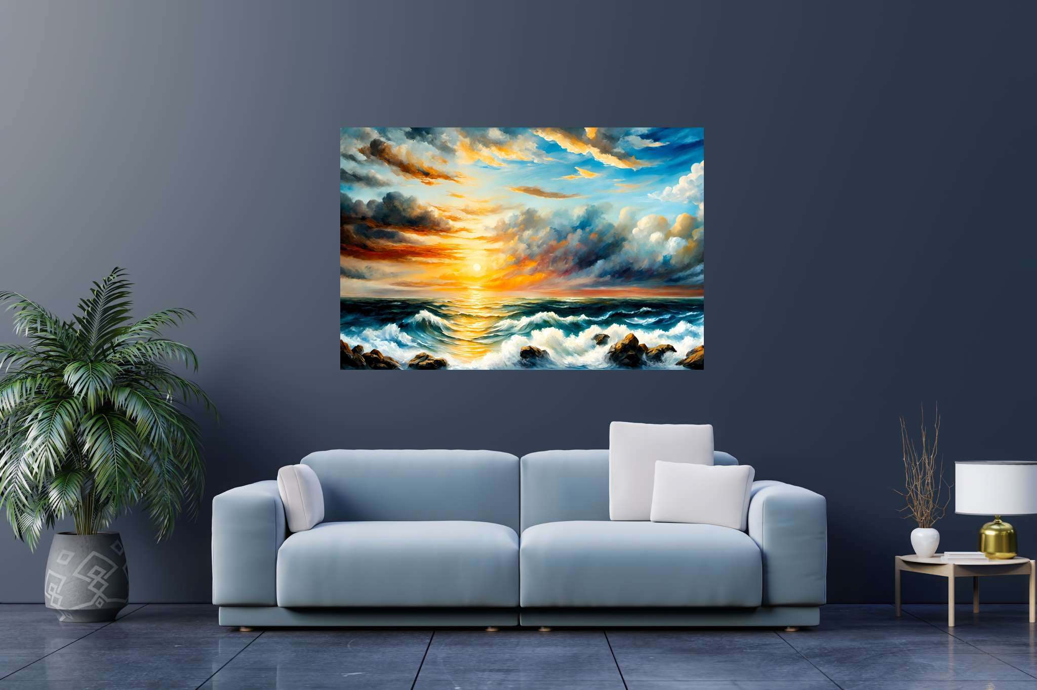Golden serenity surge: Sunset art with clouds, in a room with innovative layout, fine art prints, and artisan decor. The art can be printed on poster, framed poster, canvas, metal, acrylic or wood, exclusively at WallArtZen. Find this exact print at https://wallartzen.com/waz131