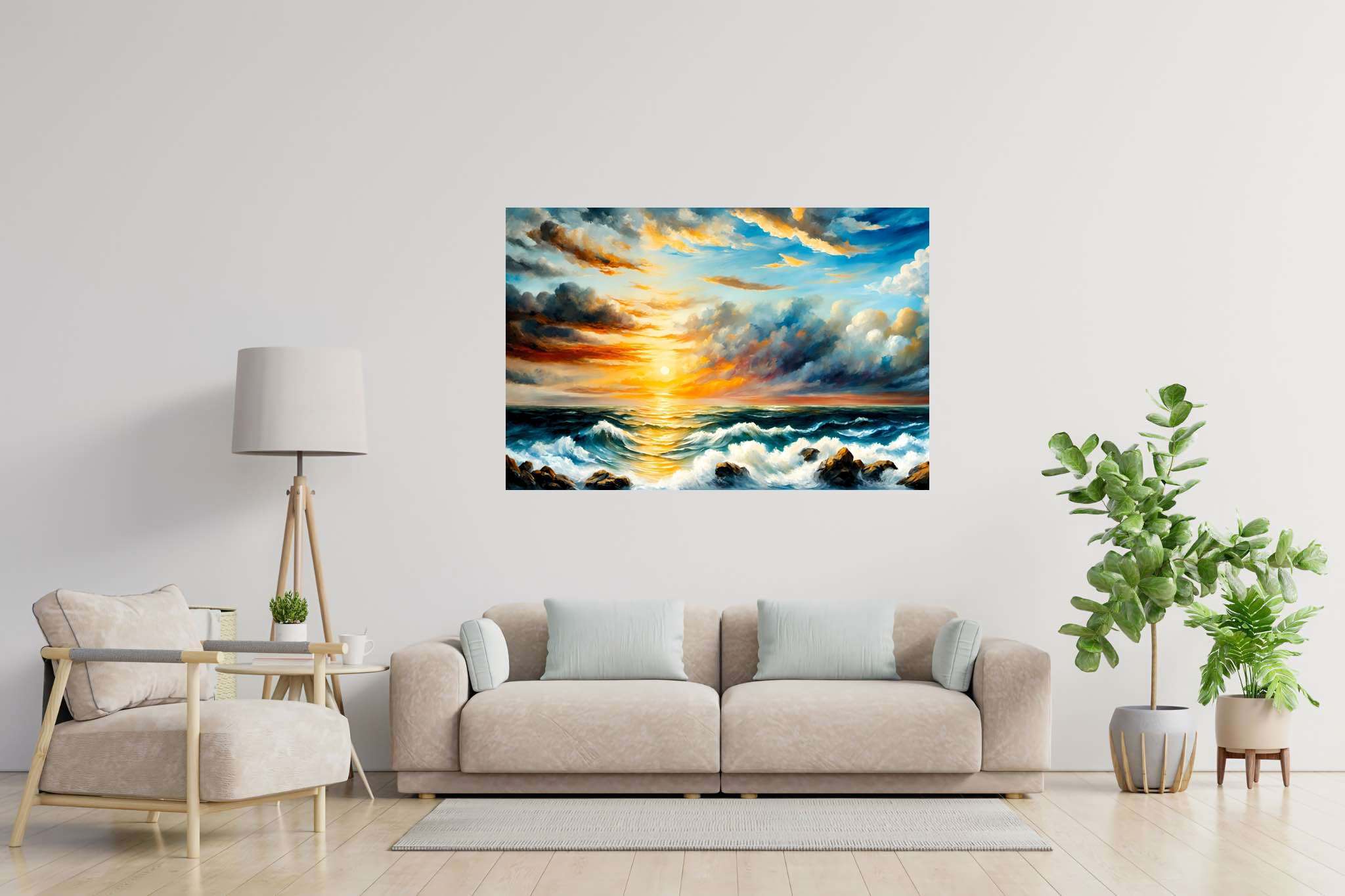 Golden serenity surge: Sunset art with paintings, in a room with contemporary flair, photographic wall art, and interior decorations. The art can be printed on poster, framed poster, canvas, metal, acrylic or wood, exclusively at WallArtZen. Find this exact print at https://wallartzen.com/waz131