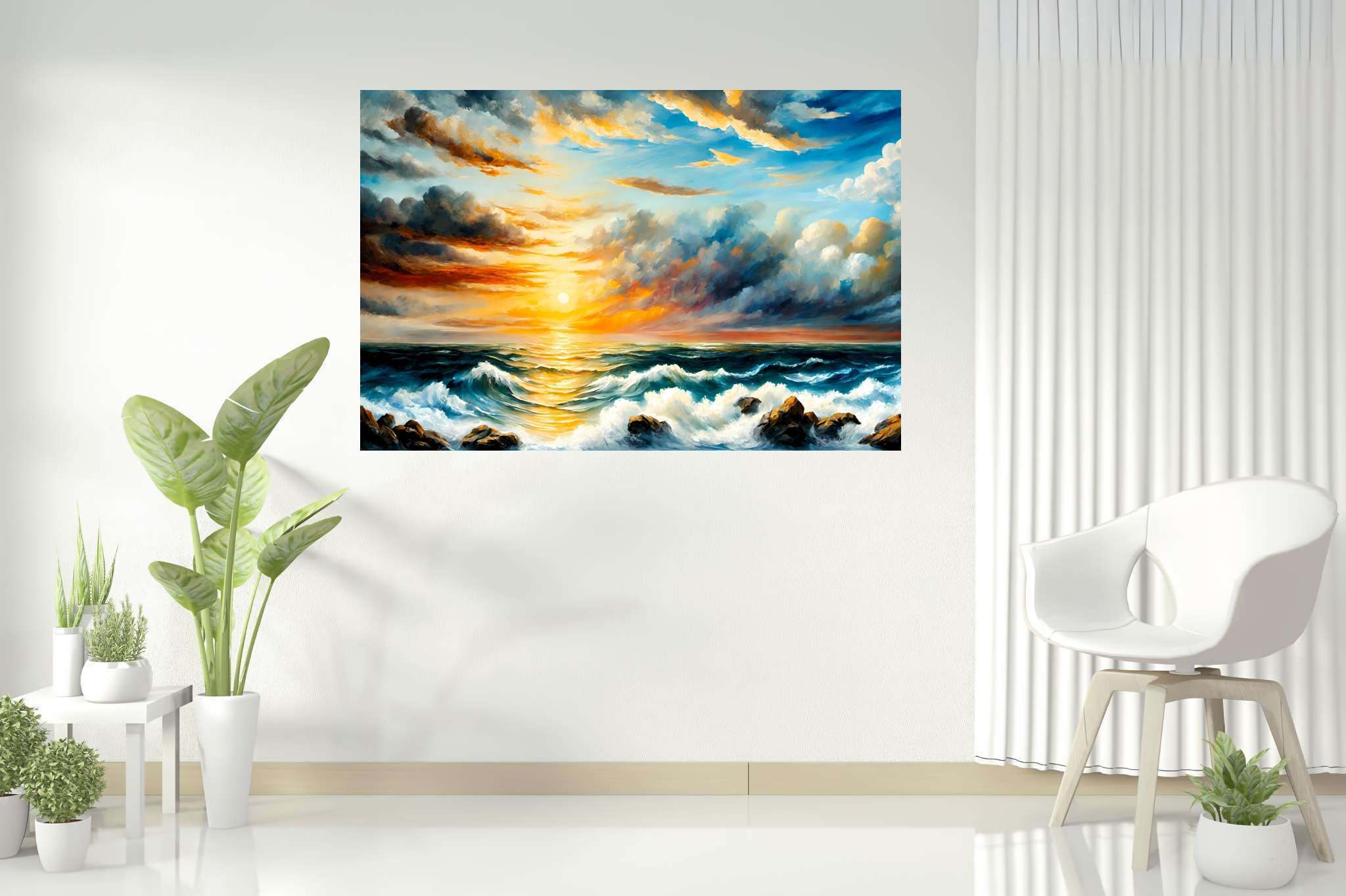 Golden serenity surge: Sunset art with reflection, in a room with minimalist approach, photographic wall art, and home styling items. The art can be printed on poster, framed poster, canvas, metal, acrylic or wood, exclusively at WallArtZen. Find this exact print at https://wallartzen.com/waz131