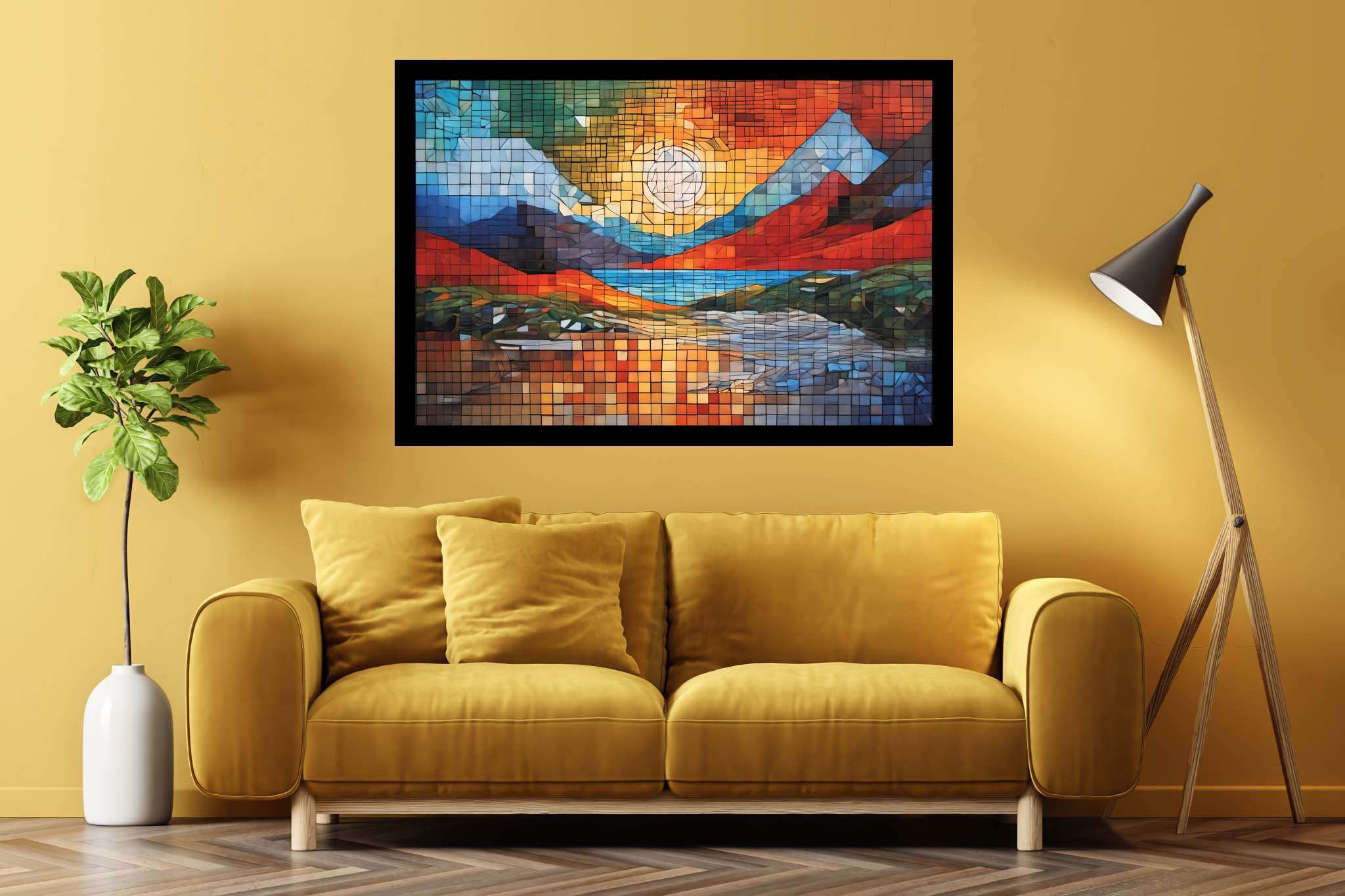 Mosaic veil of dawn: Mosaic landscape art with abstract, in a room with classic elegance, wall hangings, and stylish accessories. The art can be printed on poster, framed poster, canvas, metal, acrylic or wood, exclusively at WallArtZen. Find this exact print at https://wallartzen.com/waz132