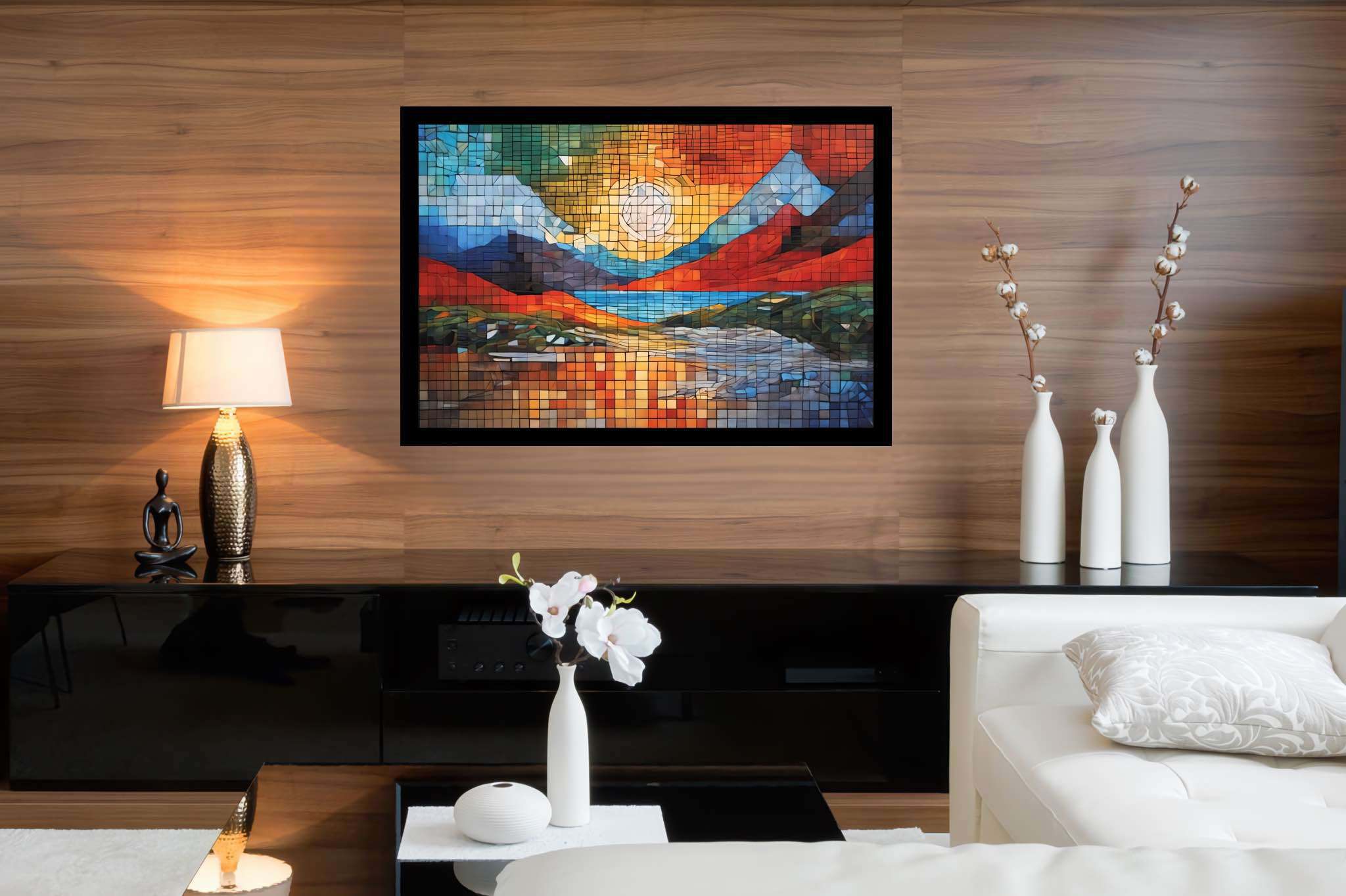 Mosaic veil of dawn: Mosaic landscape art with scenic, in a room with minimalist approach, wall hangings, and decorative pieces. The art can be printed on poster, framed poster, canvas, metal, acrylic or wood, exclusively at WallArtZen. Find this exact print at https://wallartzen.com/waz132