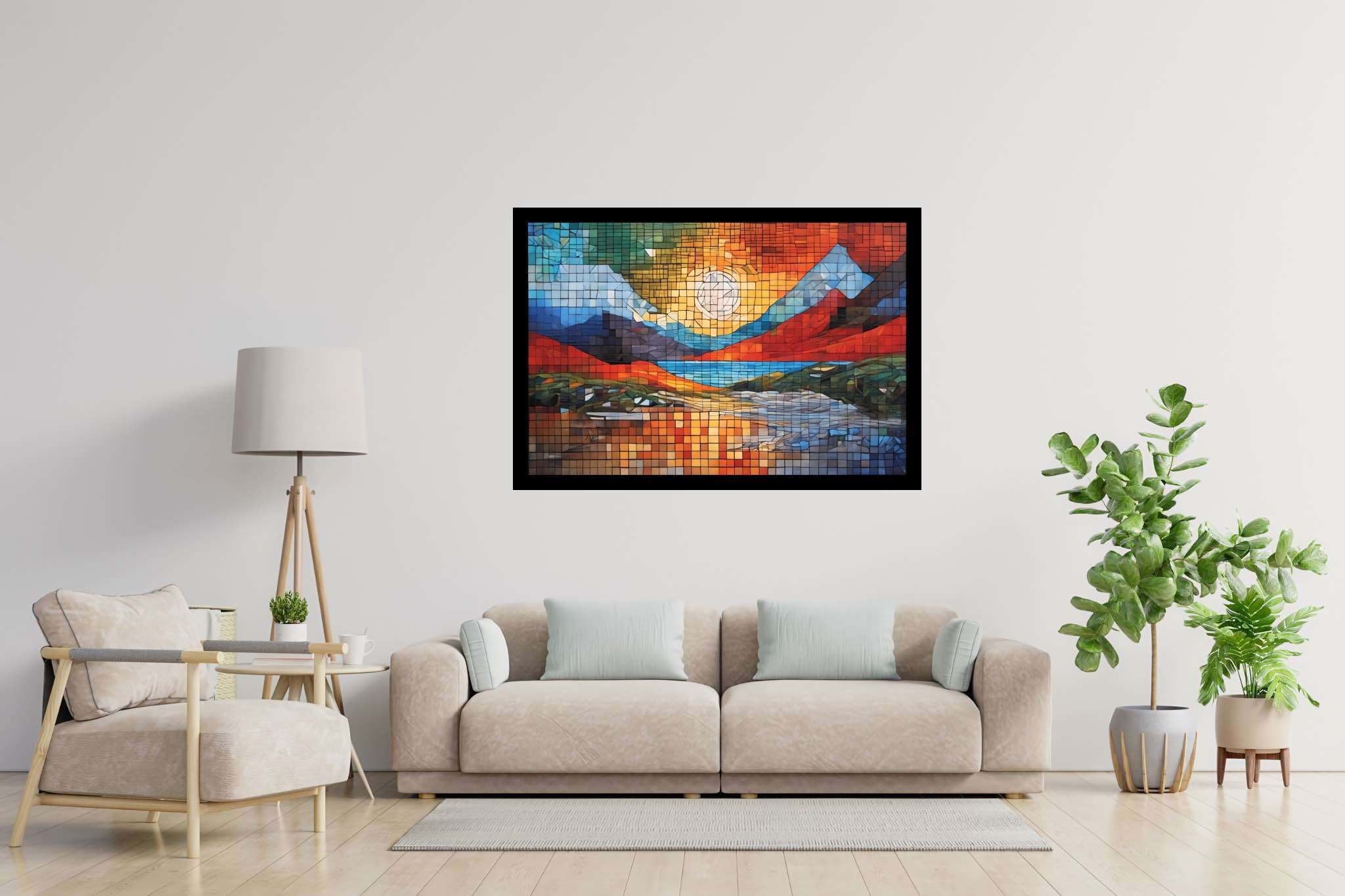 Mosaic veil of dawn: Mosaic landscape art with mosaic art, in a room with modern style, fine art prints, and trendy home accents. The art can be printed on poster, framed poster, canvas, metal, acrylic or wood, exclusively at WallArtZen. Find this exact print at https://wallartzen.com/waz132