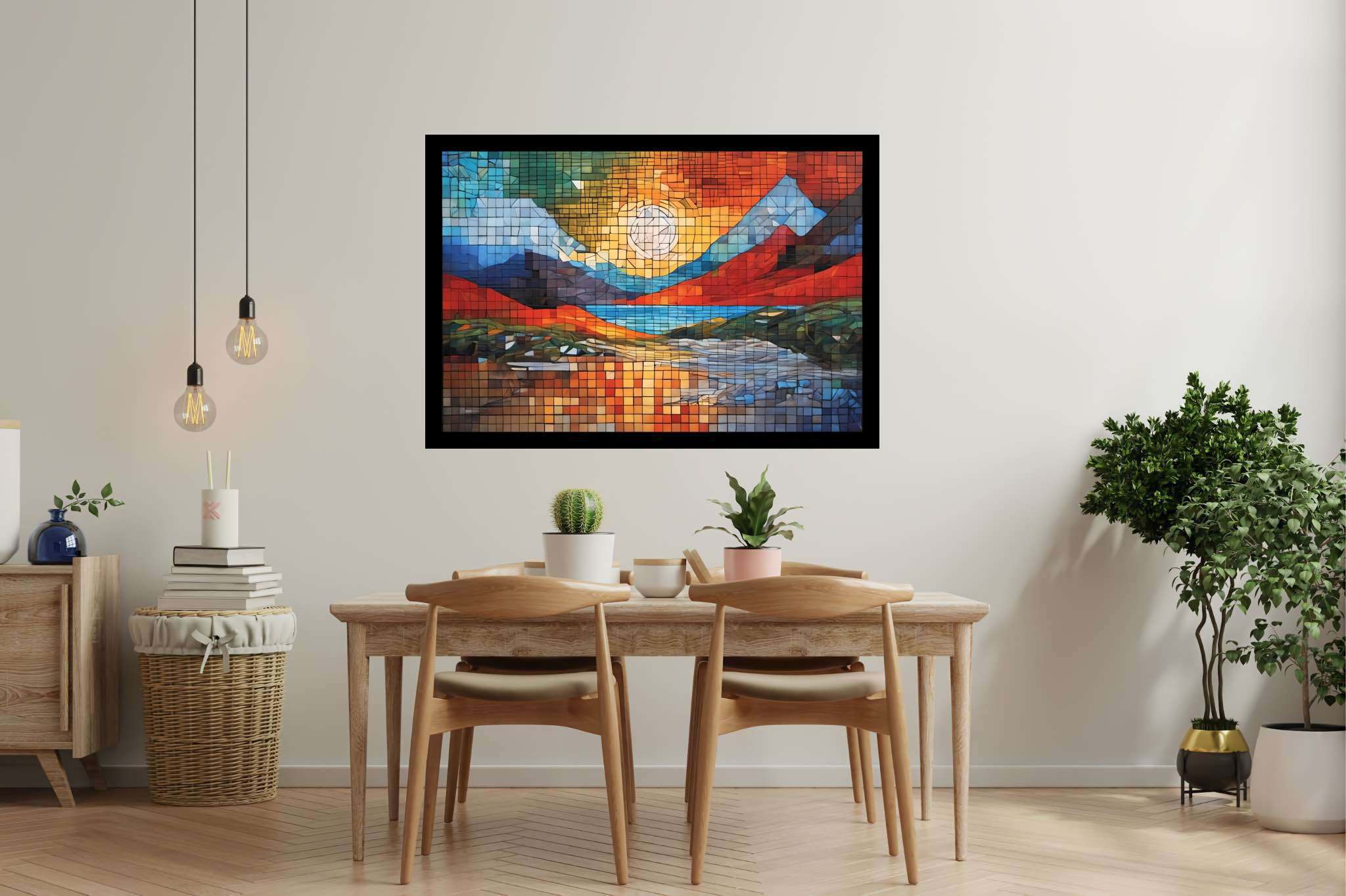 Mosaic veil of dawn: Mosaic landscape art with landscape art, in a room with minimalist approach, fine art prints, and luxe decor. The art can be printed on poster, framed poster, canvas, metal, acrylic or wood, exclusively at WallArtZen. Find this exact print at https://wallartzen.com/waz132