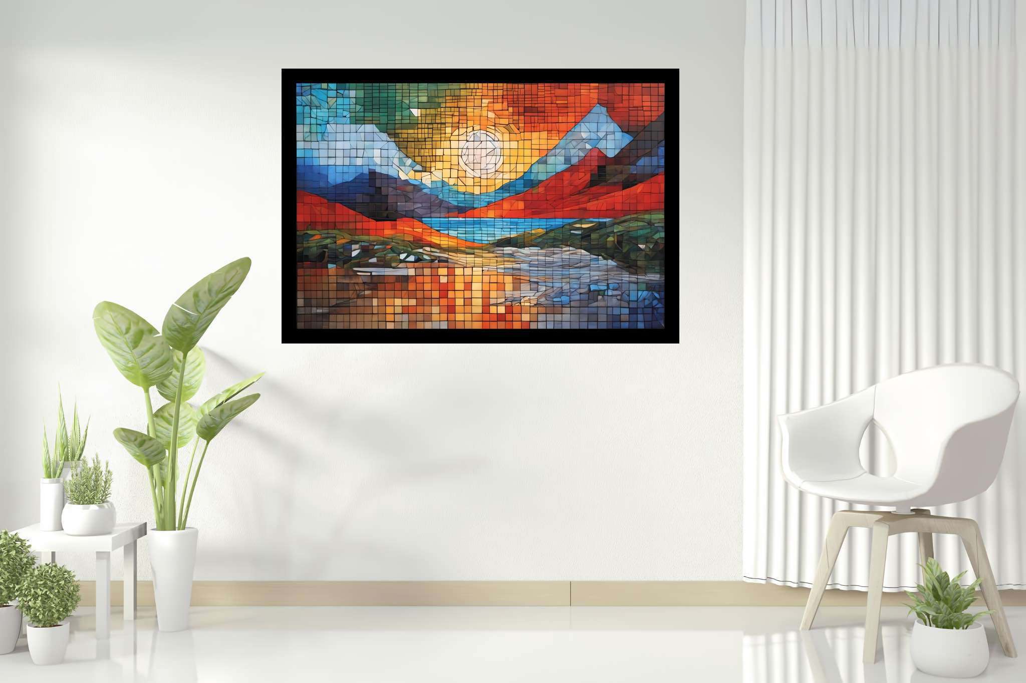 Mosaic veil of dawn: Mosaic landscape art with art, in a room with artistic style, framed art, and artisan decor. The art can be printed on poster, framed poster, canvas, metal, acrylic or wood, exclusively at WallArtZen. Find this exact print at https://wallartzen.com/waz132