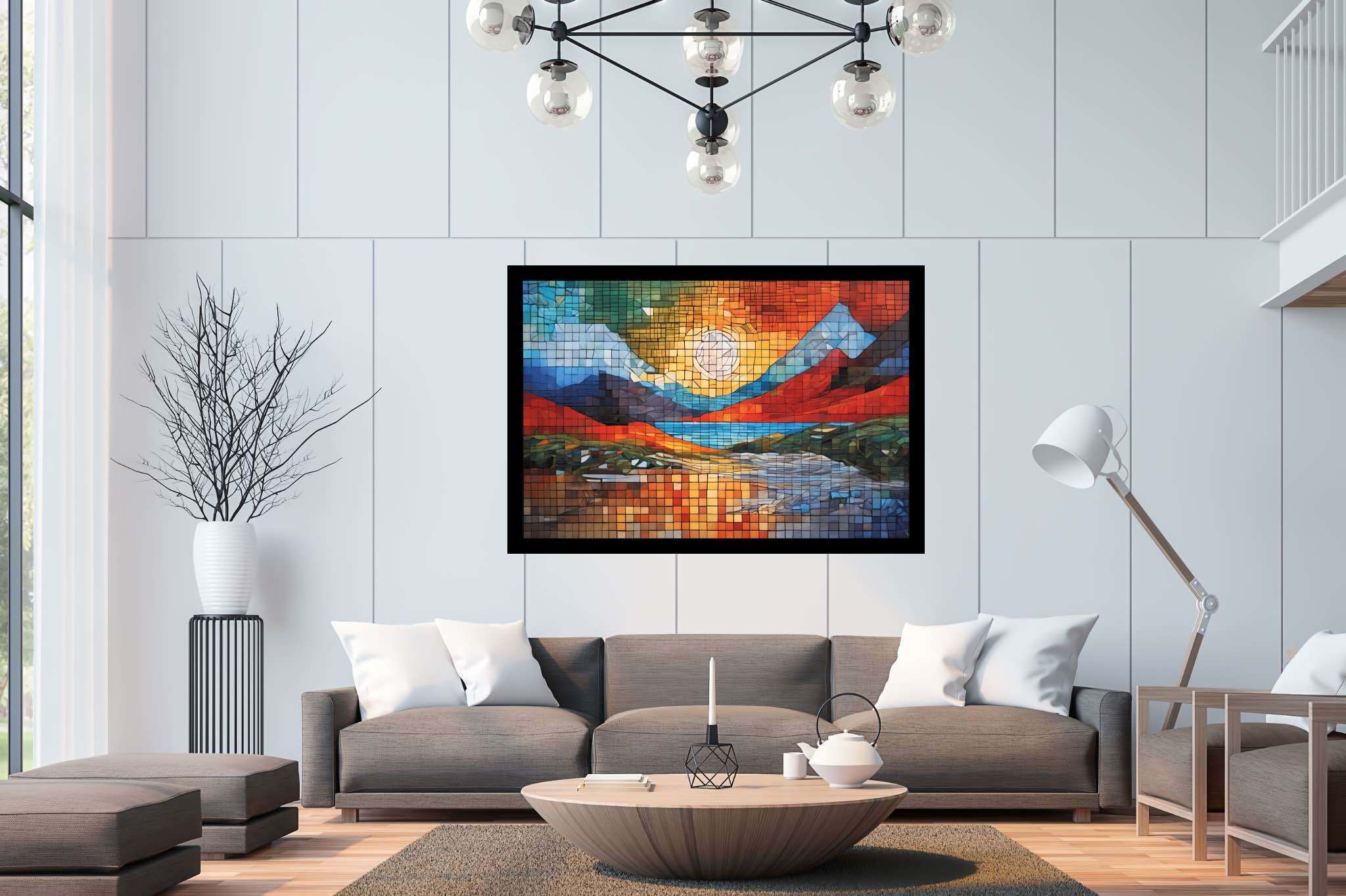 Mosaic veil of dawn: Mosaic landscape art with artwork, in a room with urban design, photographic wall art, and decorative pieces. The art can be printed on poster, framed poster, canvas, metal, acrylic or wood, exclusively at WallArtZen. Find this exact print at https://wallartzen.com/waz132