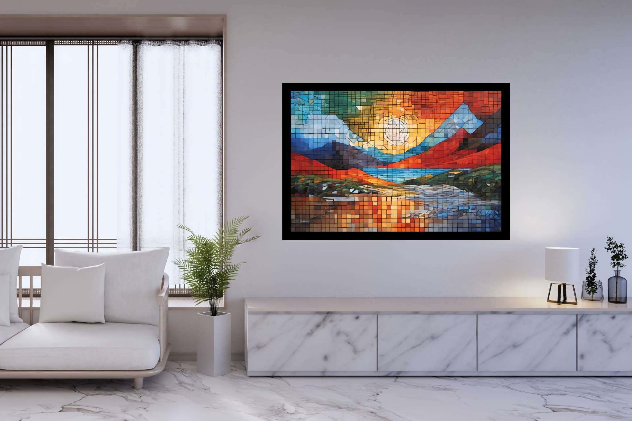 Mosaic veil of dawn: Mosaic landscape art with design, in a room with modern style, mural artworks, and interior decorations. The art can be printed on poster, framed poster, canvas, metal, acrylic or wood, exclusively at WallArtZen. Find this exact print at https://wallartzen.com/waz132