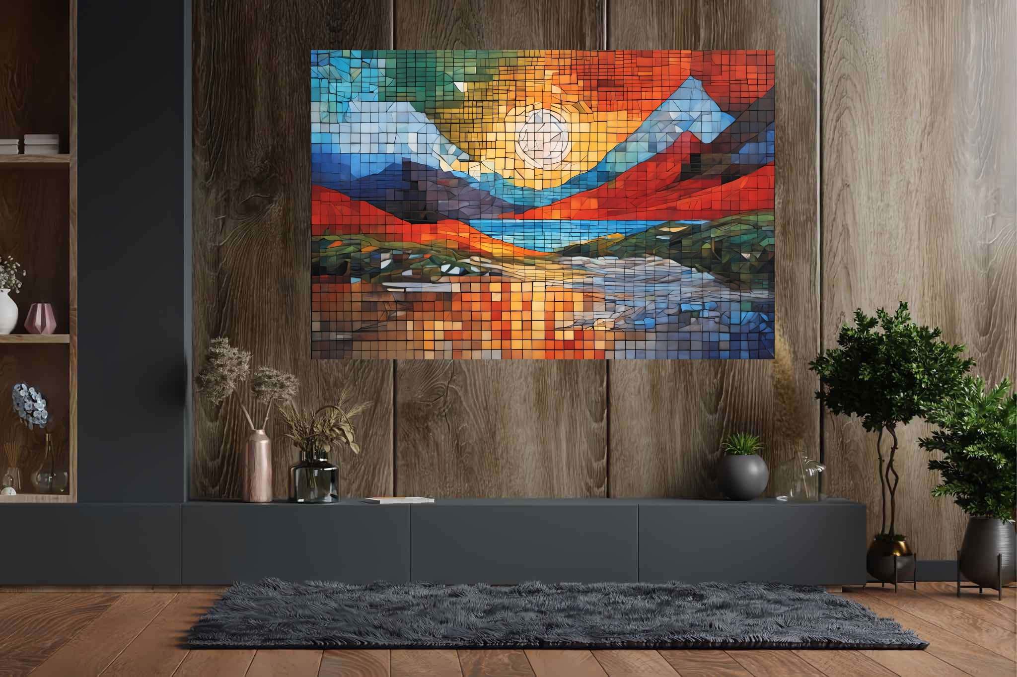Mosaic veil of dawn: Mosaic landscape art with artwork, in a room with elegant layout, bespoke art designs, and designer furniture. The art can be printed on poster, framed poster, canvas, metal, acrylic or wood, exclusively at WallArtZen. Find this exact print at https://wallartzen.com/waz132