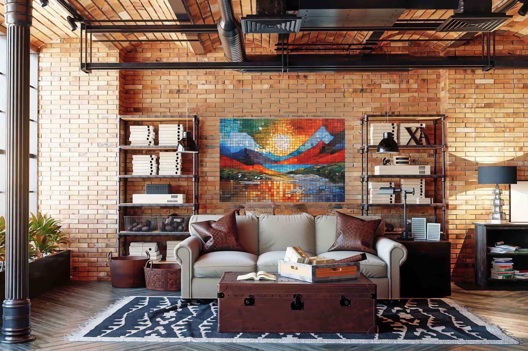 Mosaic veil of dawn: Mosaic landscape art with mosaic landscape, in a room with classic elegance, photographic wall art, and interior decorations. The art can be printed on poster, framed poster, canvas, metal, acrylic or wood, exclusively at WallArtZen. Find this exact print at https://wallartzen.com/waz132
