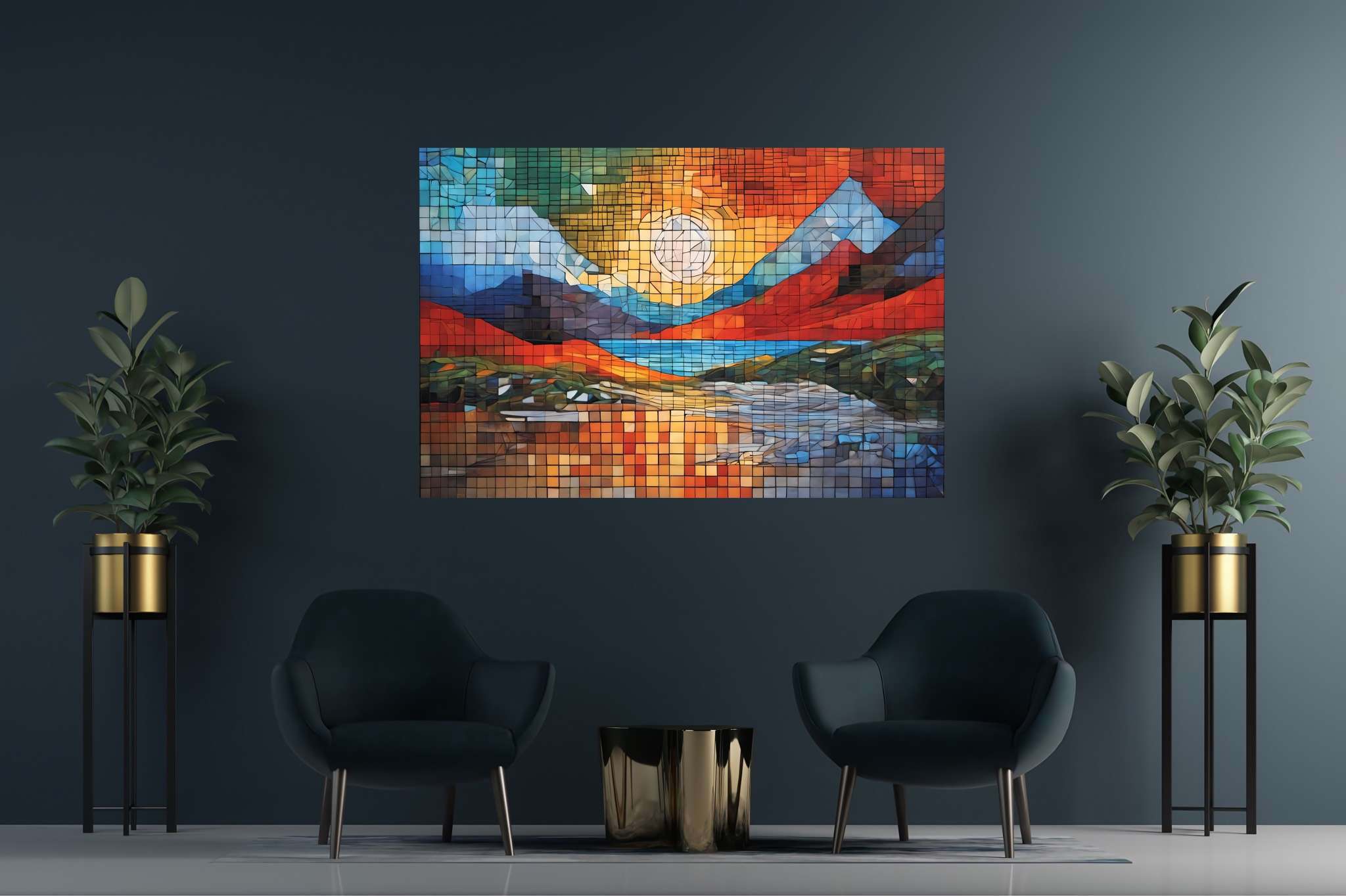 Mosaic veil of dawn: Mosaic landscape art with creative, in a room with innovative layout, wall hangings, and designer furniture. The art can be printed on poster, framed poster, canvas, metal, acrylic or wood, exclusively at WallArtZen. Find this exact print at https://wallartzen.com/waz132