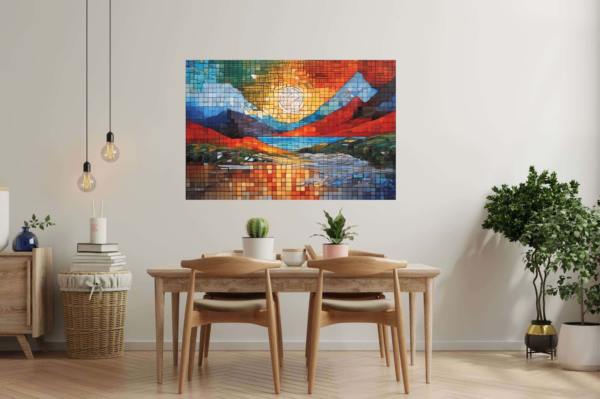 Mosaic veil of dawn: Mosaic landscape art with mosaic tile, in a room with great design, wall hangings, and home furnishings. The art can be printed on poster, framed poster, canvas, metal, acrylic or wood, exclusively at WallArtZen. Find this exact print at https://wallartzen.com/waz132