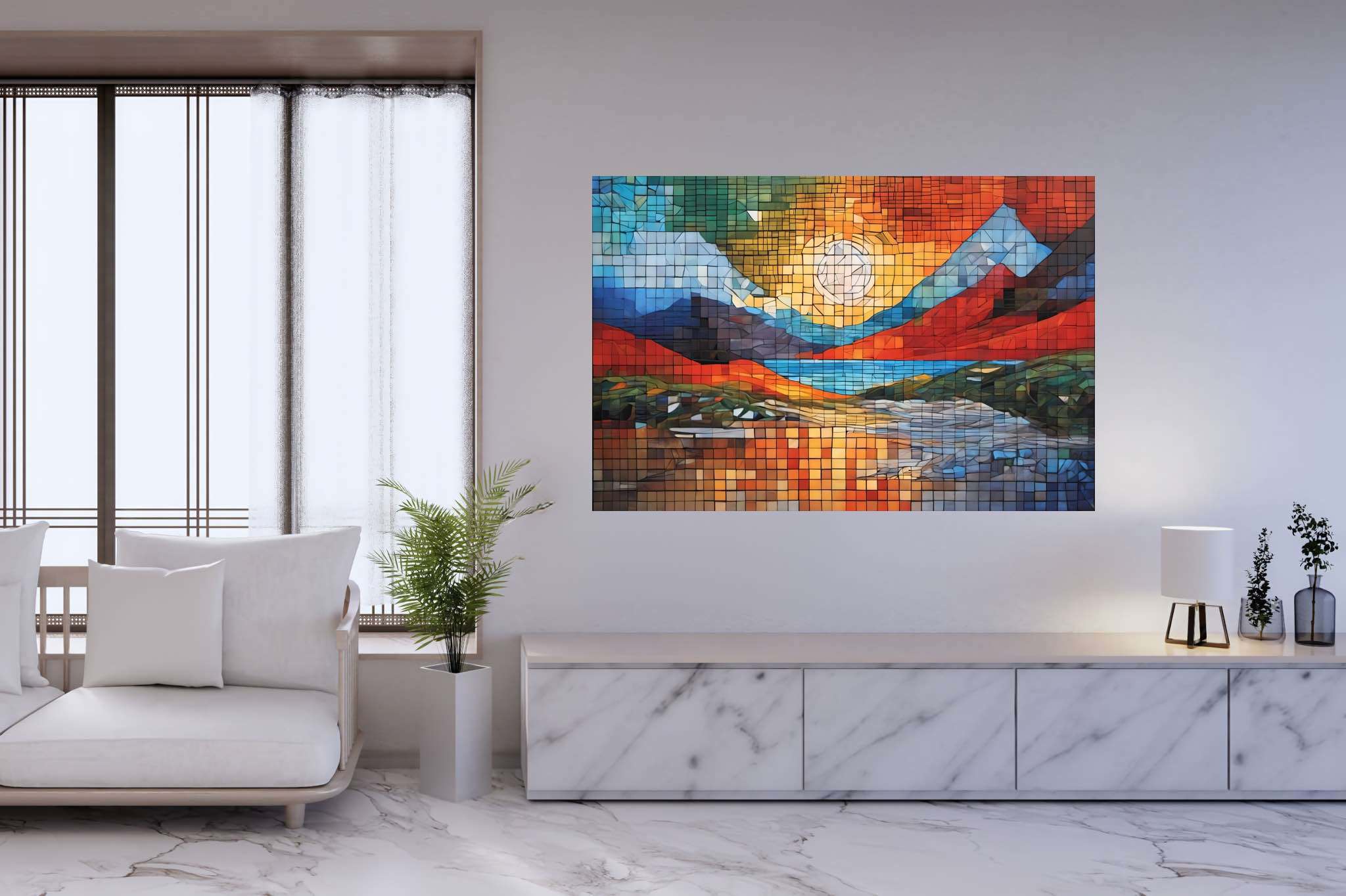 Mosaic veil of dawn: Mosaic landscape art with creative, in a room with elegant layout, photographic wall art, and stylish accessories. The art can be printed on poster, framed poster, canvas, metal, acrylic or wood, exclusively at WallArtZen. Find this exact print at https://wallartzen.com/waz132
