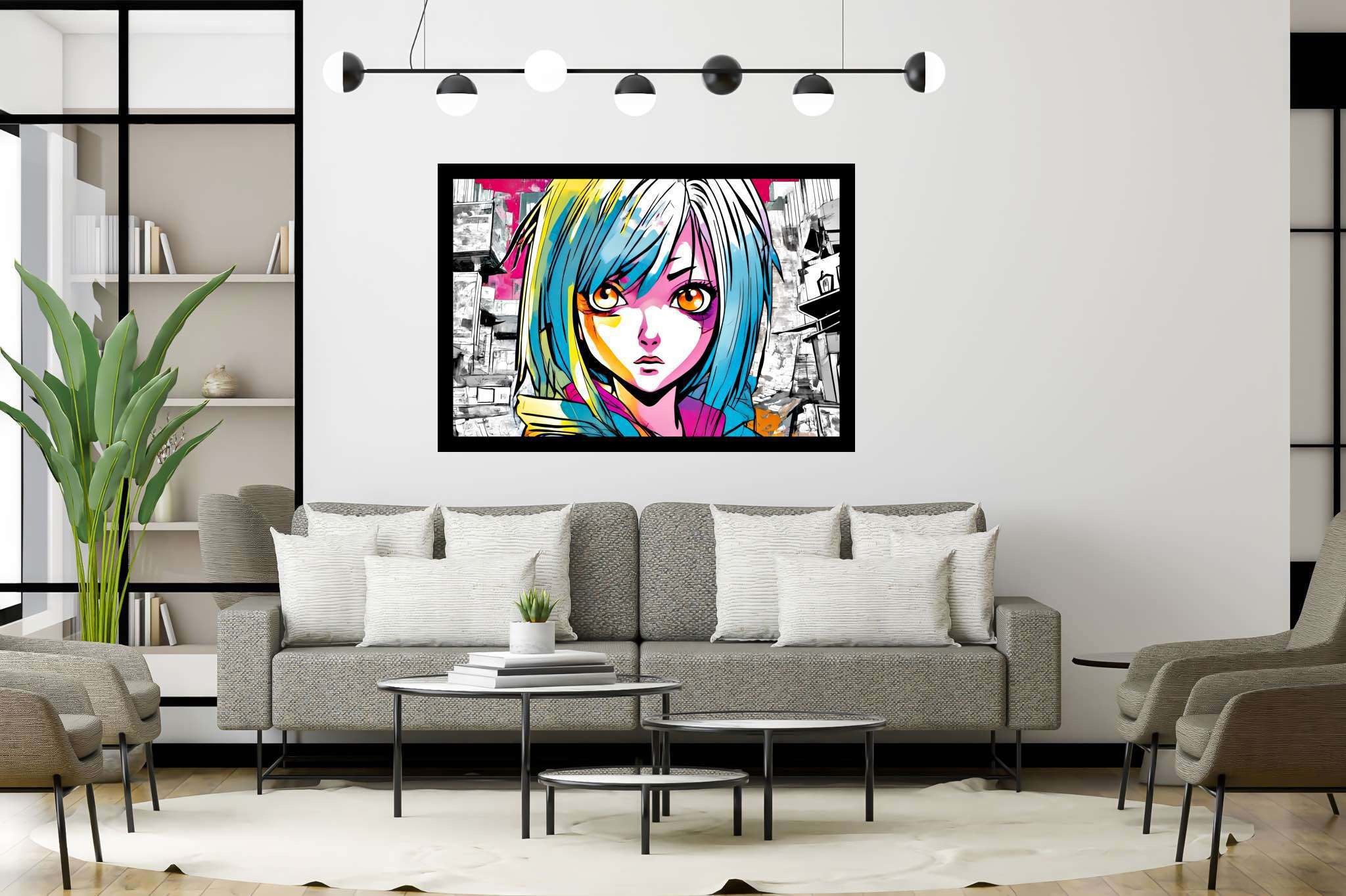 Azure gaze of youth: Anime art with japanese animation, in a room with modern style, wall art, and interior decorations. The art can be printed on poster, framed poster, canvas, metal, acrylic or wood, exclusively at WallArtZen. Find this exact print at https://wallartzen.com/waz133