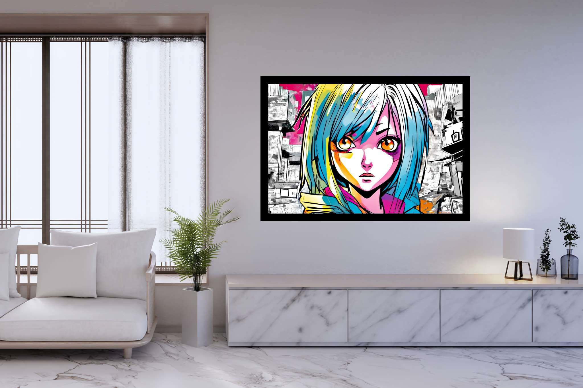 Azure gaze of youth: Anime art with anime illustrations, in a room with innovative layout, gallery-quality artwork, and trendy home accents. The art can be printed on poster, framed poster, canvas, metal, acrylic or wood, exclusively at WallArtZen. Find this exact print at https://wallartzen.com/waz133