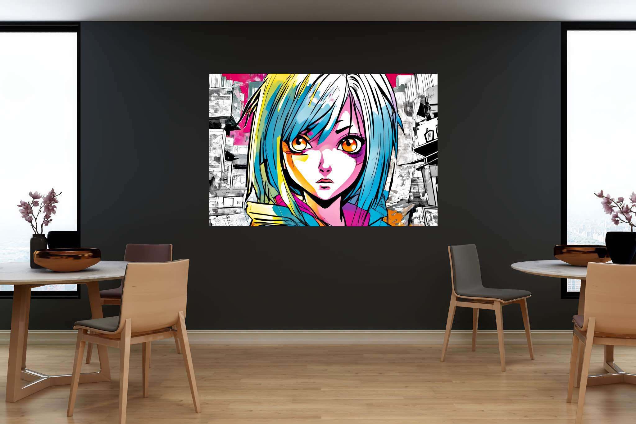 Azure gaze of youth: Anime art with anime drawing, in a room with chic decor, canvas prints, and home styling items. The art can be printed on poster, framed poster, canvas, metal, acrylic or wood, exclusively at WallArtZen. Find this exact print at https://wallartzen.com/waz133