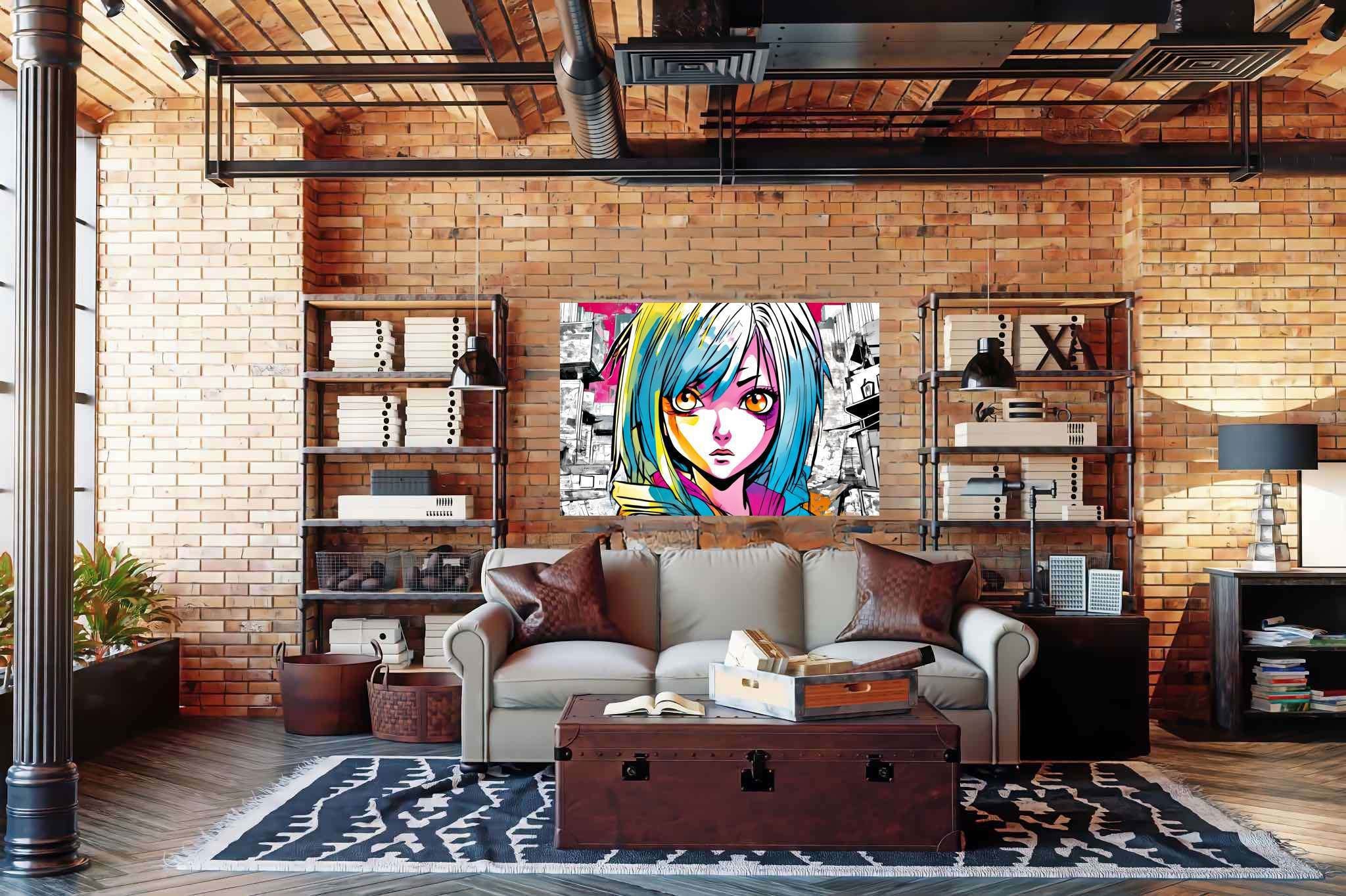 Azure gaze of youth: Anime art with anime style, in a room with urban design, fine art prints, and decorative pieces. The art can be printed on poster, framed poster, canvas, metal, acrylic or wood, exclusively at WallArtZen. Find this exact print at https://wallartzen.com/waz133