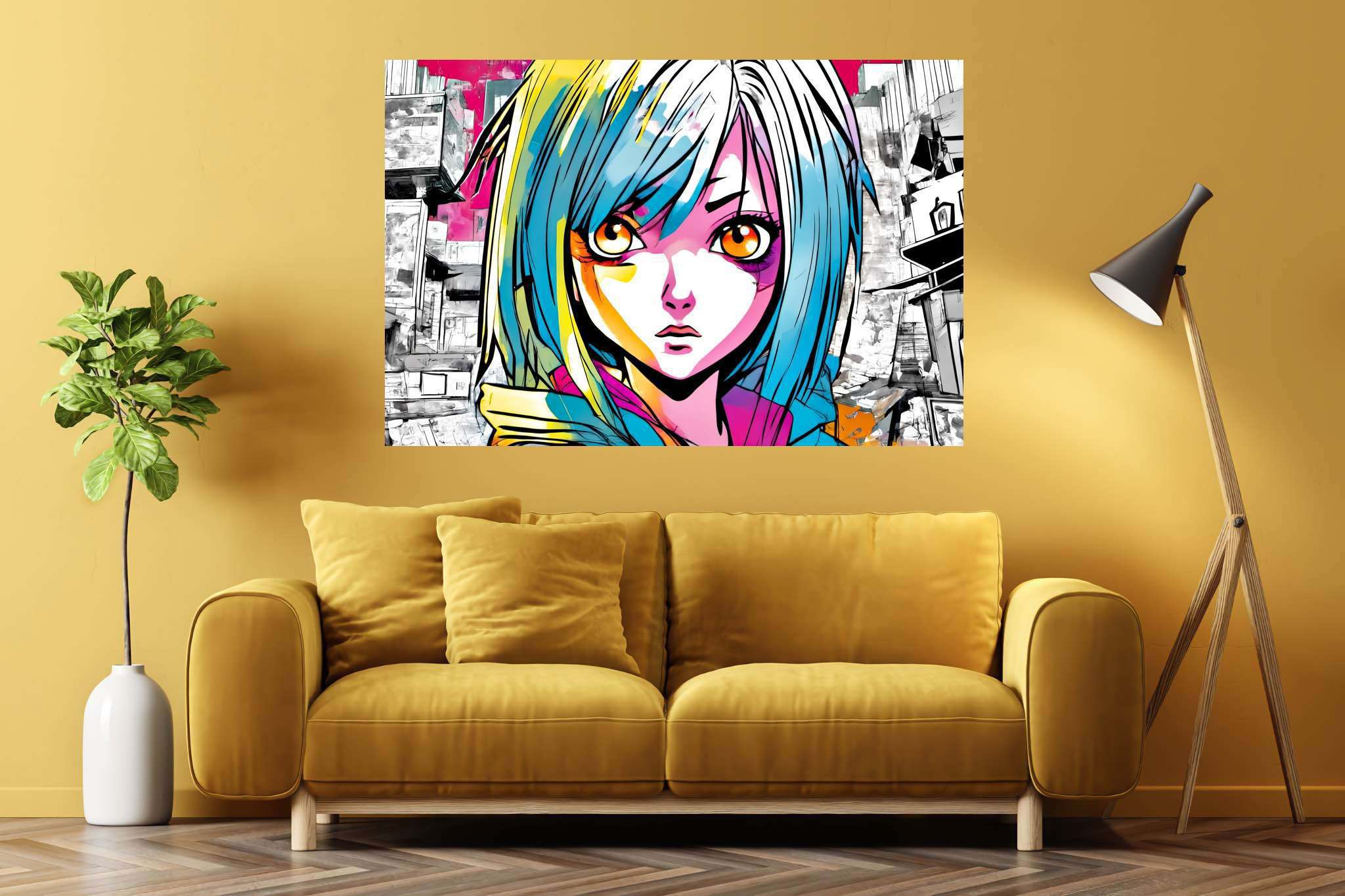 Azure gaze of youth: Anime art with anime illustrations, in a room with urban design, canvas prints, and elegant home goods. The art can be printed on poster, framed poster, canvas, metal, acrylic or wood, exclusively at WallArtZen. Find this exact print at https://wallartzen.com/waz133
