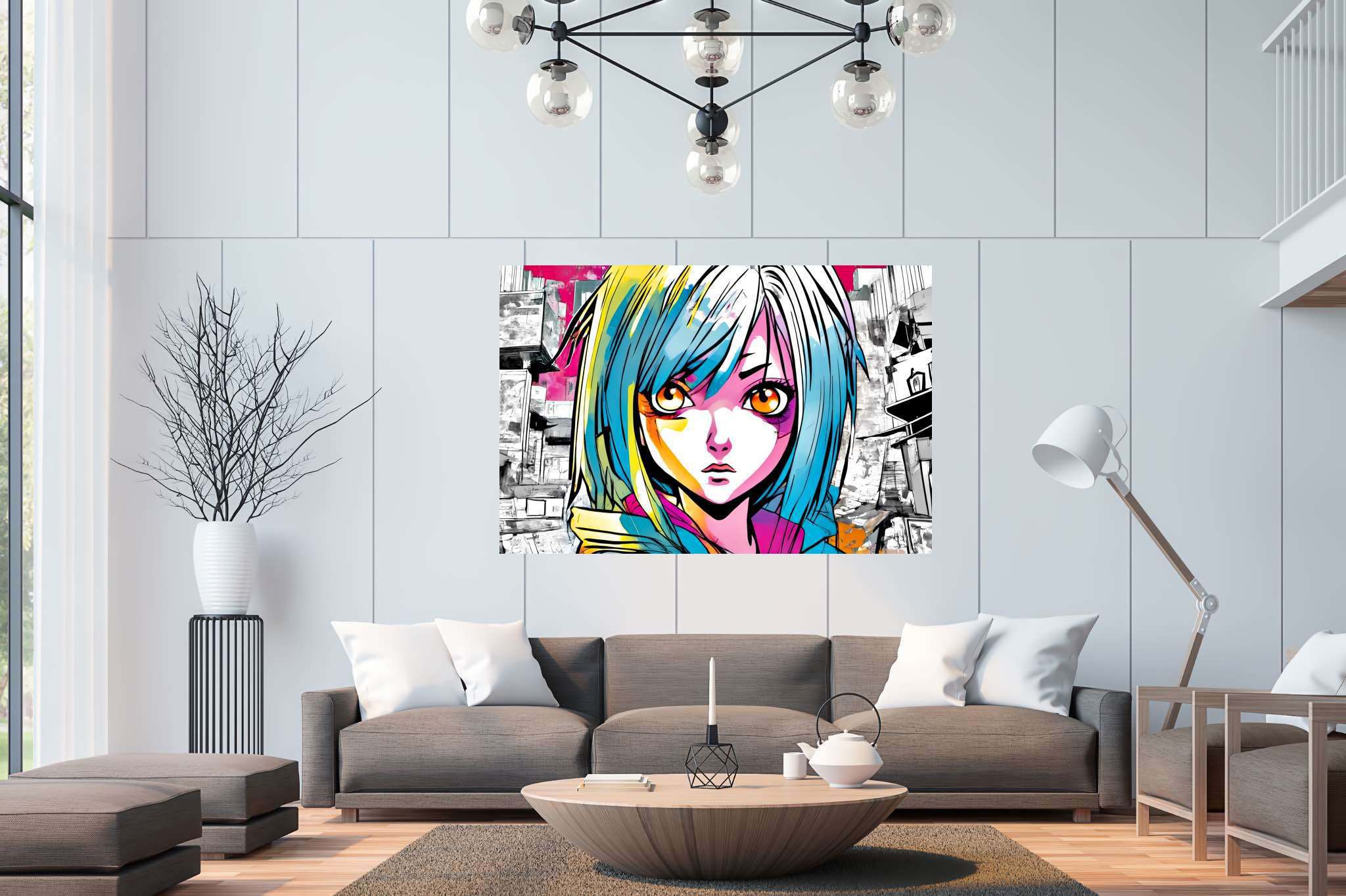 Azure gaze of youth: Anime art with anime sketches, in a room with modern style, mural artworks, and stylish accessories. The art can be printed on poster, framed poster, canvas, metal, acrylic or wood, exclusively at WallArtZen. Find this exact print at https://wallartzen.com/waz133