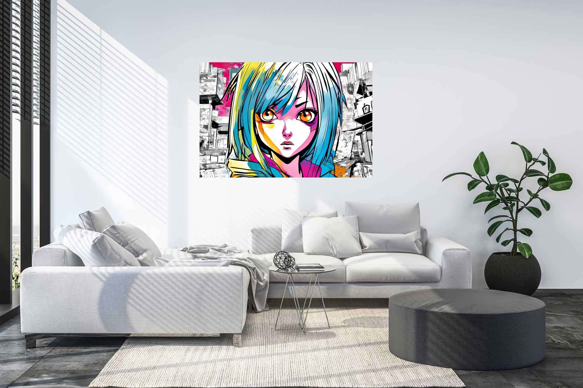 Azure gaze of youth: Anime art with otaku culture, in a room with innovative layout, bespoke art designs, and home furnishings. The art can be printed on poster, framed poster, canvas, metal, acrylic or wood, exclusively at WallArtZen. Find this exact print at https://wallartzen.com/waz133