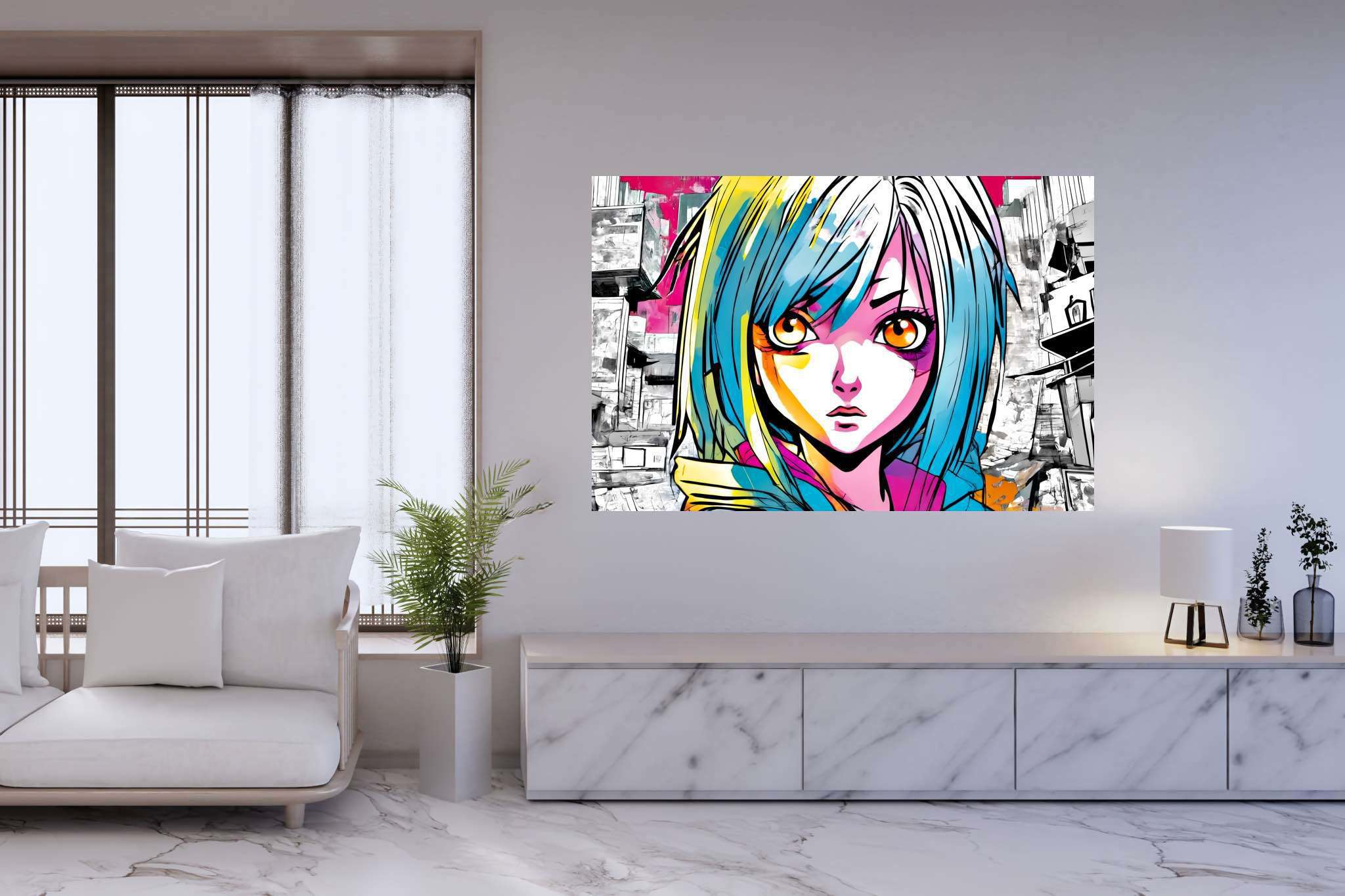 Azure gaze of youth: Anime art with anime art, in a room with elegant layout, mural artworks, and trendy home accents. The art can be printed on poster, framed poster, canvas, metal, acrylic or wood, exclusively at WallArtZen. Find this exact print at https://wallartzen.com/waz133