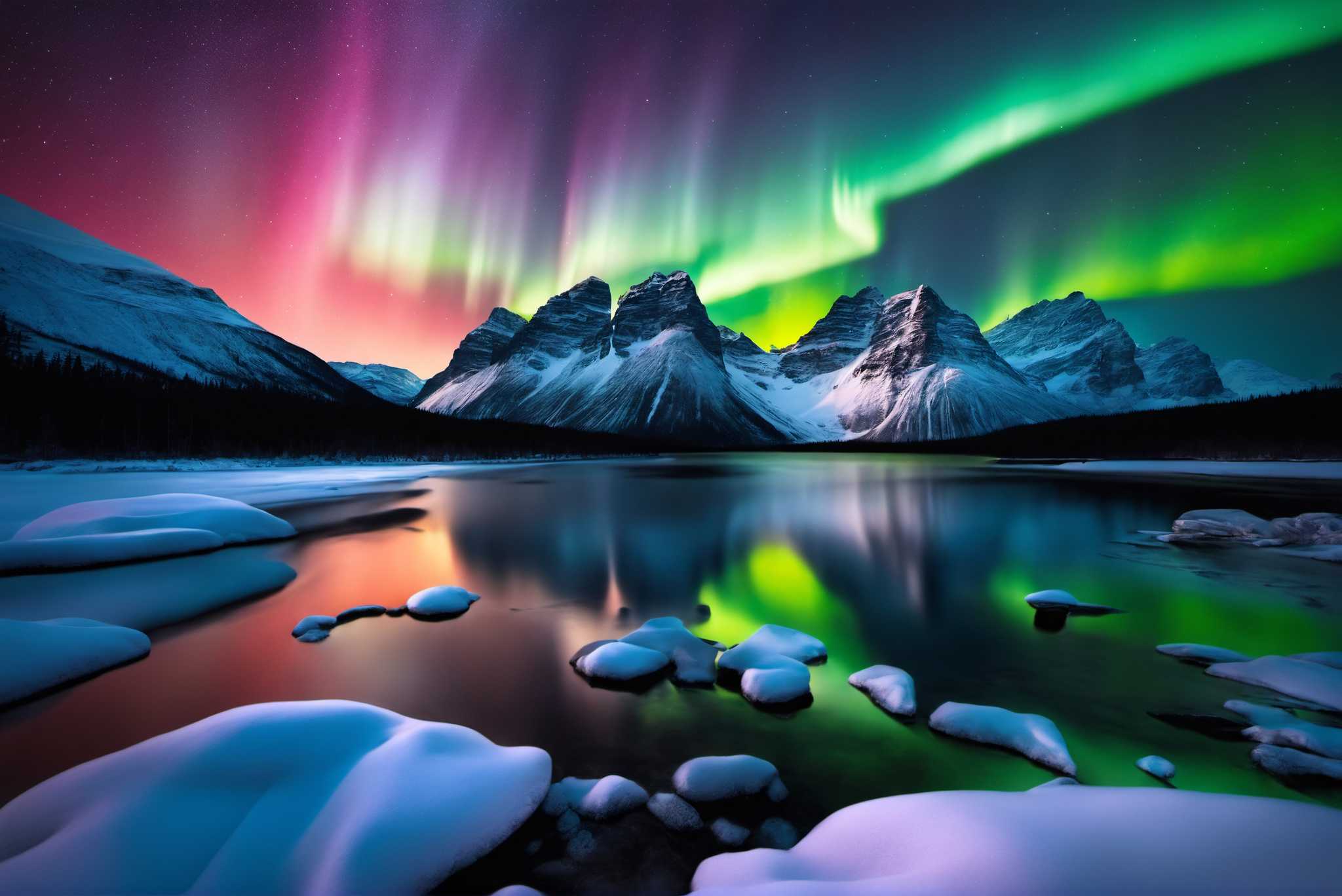 Aurora's veil over silent peaks: Majestic landscape art with captivating wilderness scenes, in a room with classic elegance, gallery-quality artwork, and home furnishings. The art can be printed on poster, framed poster, canvas, metal, acrylic or wood, exclusively at WallArtZen. Find this exact print at https://wallartzen.com/waz134