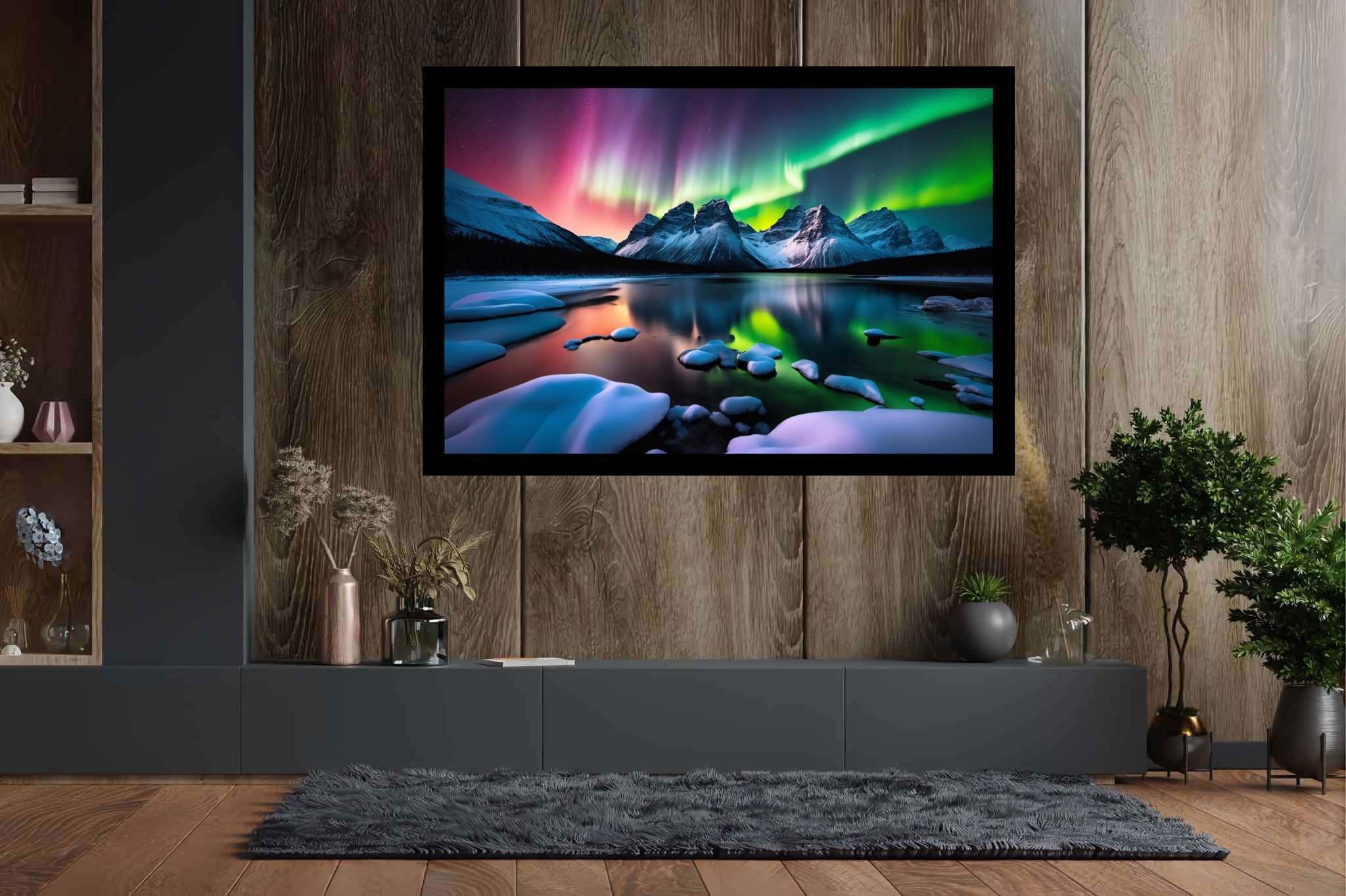 Aurora's veil over silent peaks: Majestic landscape art with majestic nature scenes, in a room with elegant layout, abstract paintings, and artisan decor. The art can be printed on poster, framed poster, canvas, metal, acrylic or wood, exclusively at WallArtZen. Find this exact print at https://wallartzen.com/waz134