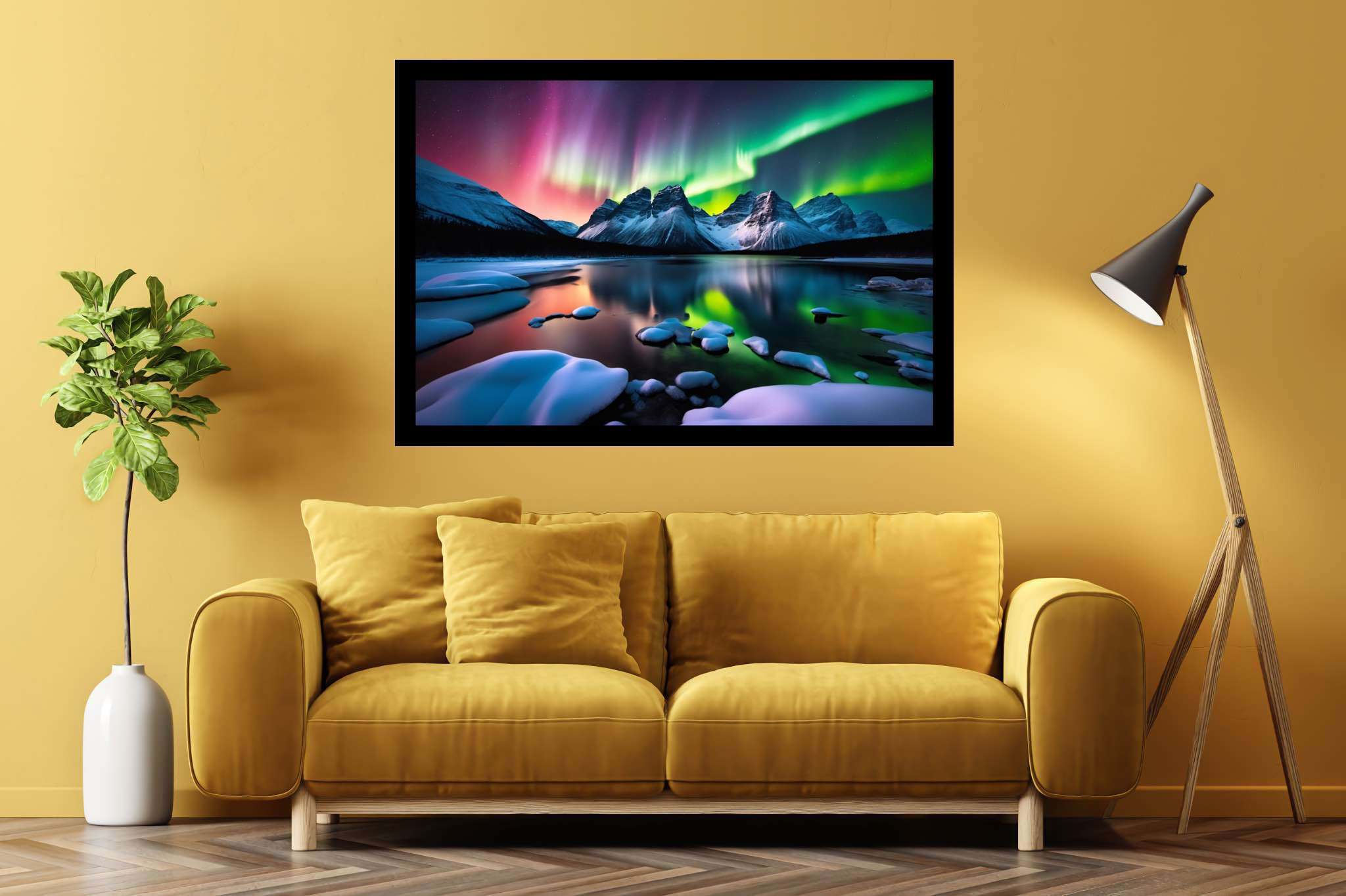 Aurora's veil over silent peaks: Majestic landscape art with nature-inspired artwork, in a room with modern style, digital art pieces, and stylish accessories. The art can be printed on poster, framed poster, canvas, metal, acrylic or wood, exclusively at WallArtZen. Find this exact print at https://wallartzen.com/waz134