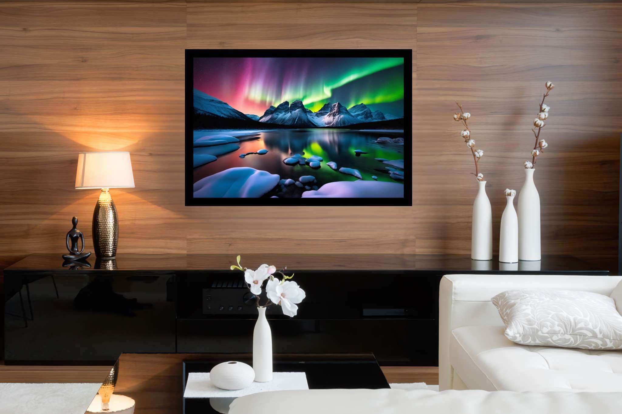 Aurora's veil over silent peaks: Majestic landscape art with nature-inspired artwork, in a room with chic decor, digital art pieces, and artisan decor. The art can be printed on poster, framed poster, canvas, metal, acrylic or wood, exclusively at WallArtZen. Find this exact print at https://wallartzen.com/waz134