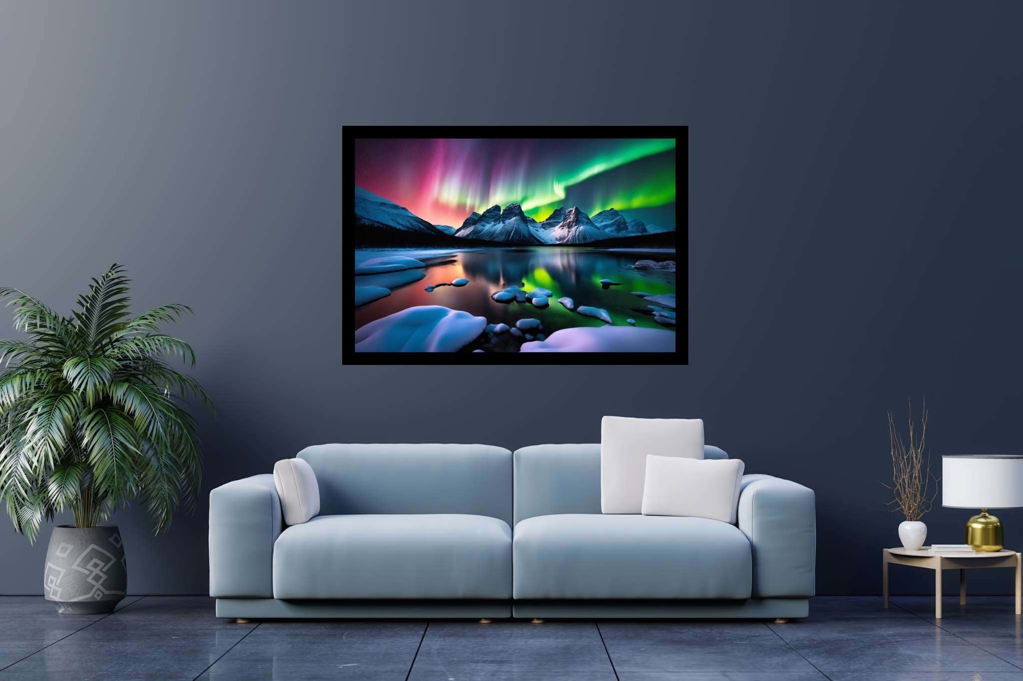 Aurora's veil over silent peaks: Majestic landscape art with sublime nature artwork, in a room with urban design, canvas prints, and designer furniture. The art can be printed on poster, framed poster, canvas, metal, acrylic or wood, exclusively at WallArtZen. Find this exact print at https://wallartzen.com/waz134