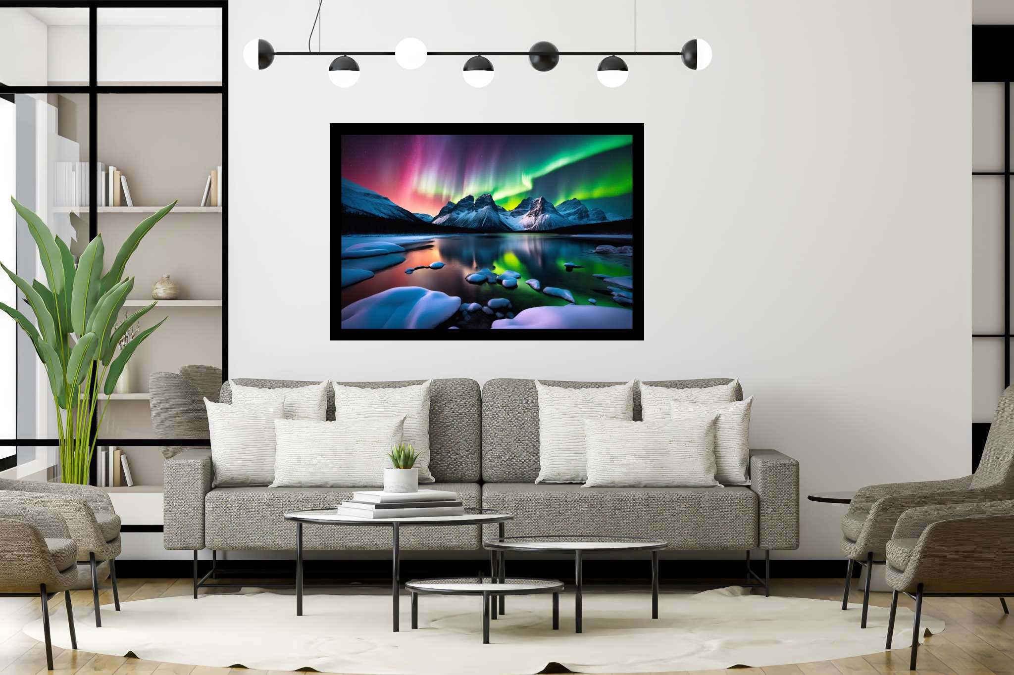 Aurora's veil over silent peaks: Majestic landscape art with breathtaking landscapes, in a room with great design, mural artworks, and home furnishings. The art can be printed on poster, framed poster, canvas, metal, acrylic or wood, exclusively at WallArtZen. Find this exact print at https://wallartzen.com/waz134