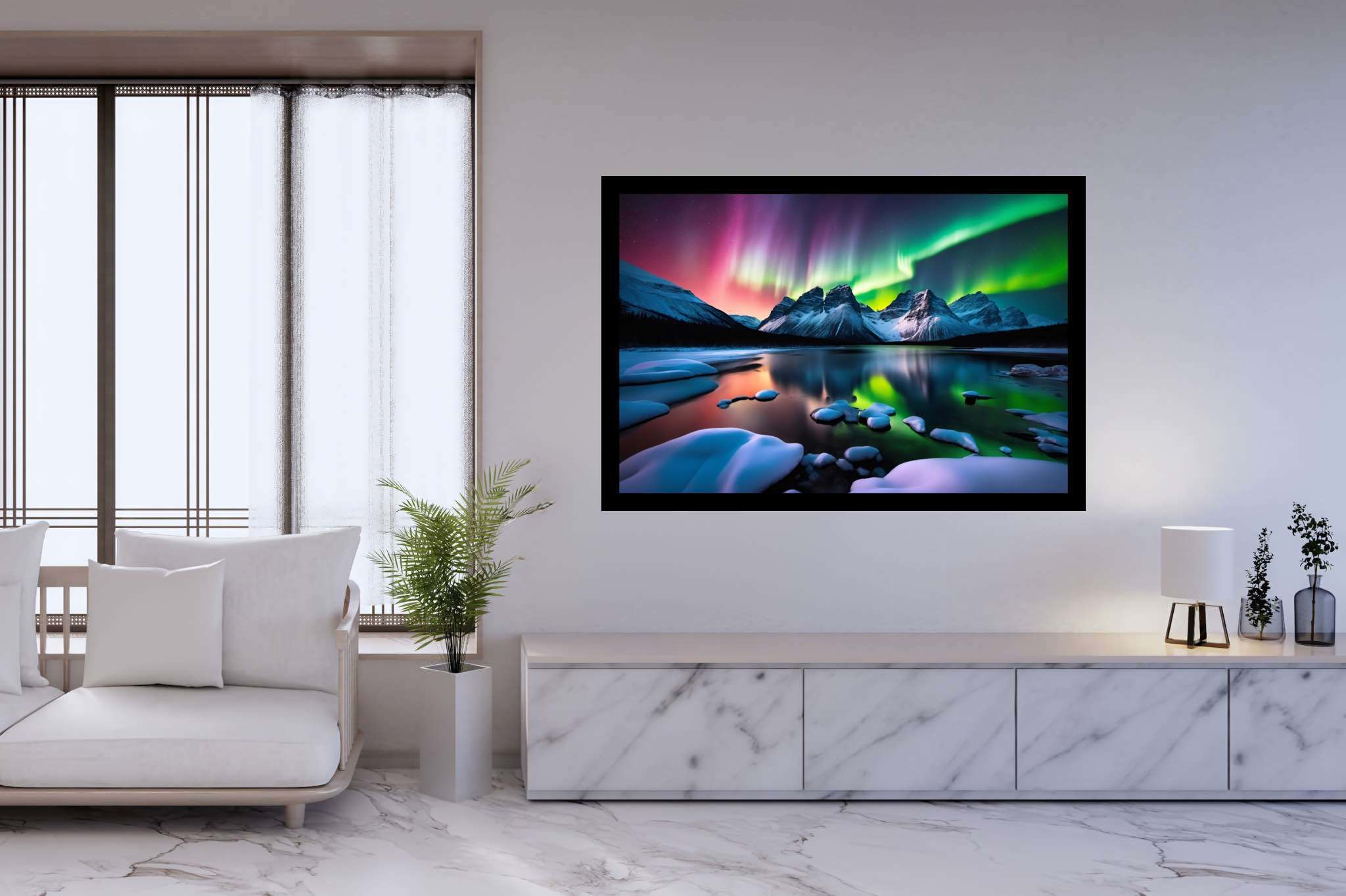 Aurora's veil over silent peaks: Majestic landscape art with picturesque landscapes, in a room with urban design, photographic wall art, and home furnishings. The art can be printed on poster, framed poster, canvas, metal, acrylic or wood, exclusively at WallArtZen. Find this exact print at https://wallartzen.com/waz134