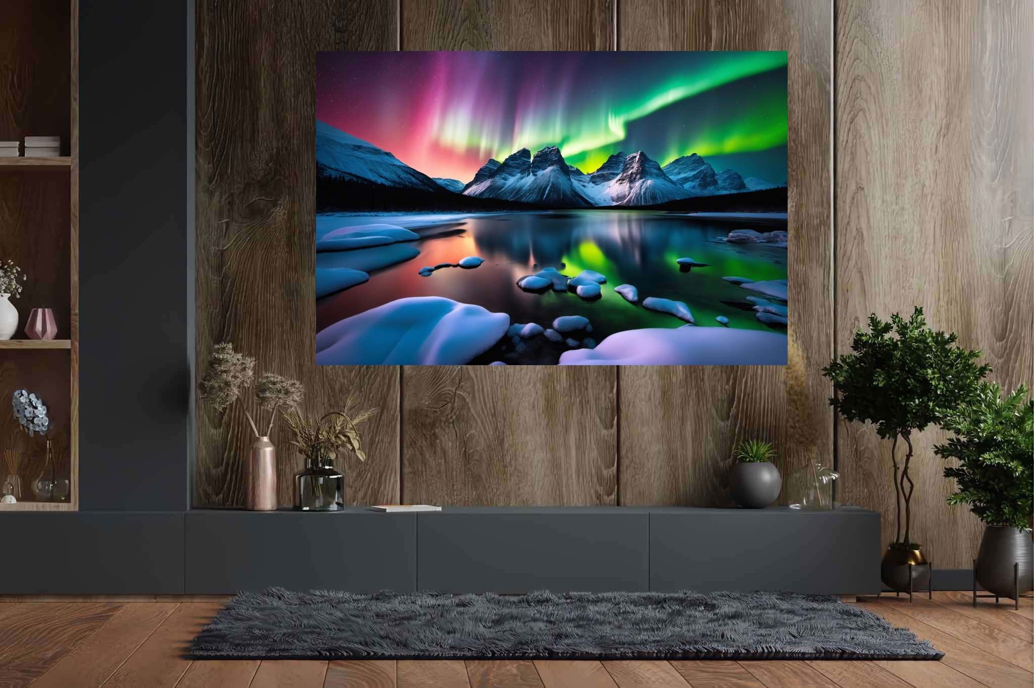 Aurora's veil over silent peaks: Majestic landscape art with captivating wilderness scenes, in a room with modern style, gallery-quality artwork, and decorative pieces. The art can be printed on poster, framed poster, canvas, metal, acrylic or wood, exclusively at WallArtZen. Find this exact print at https://wallartzen.com/waz134
