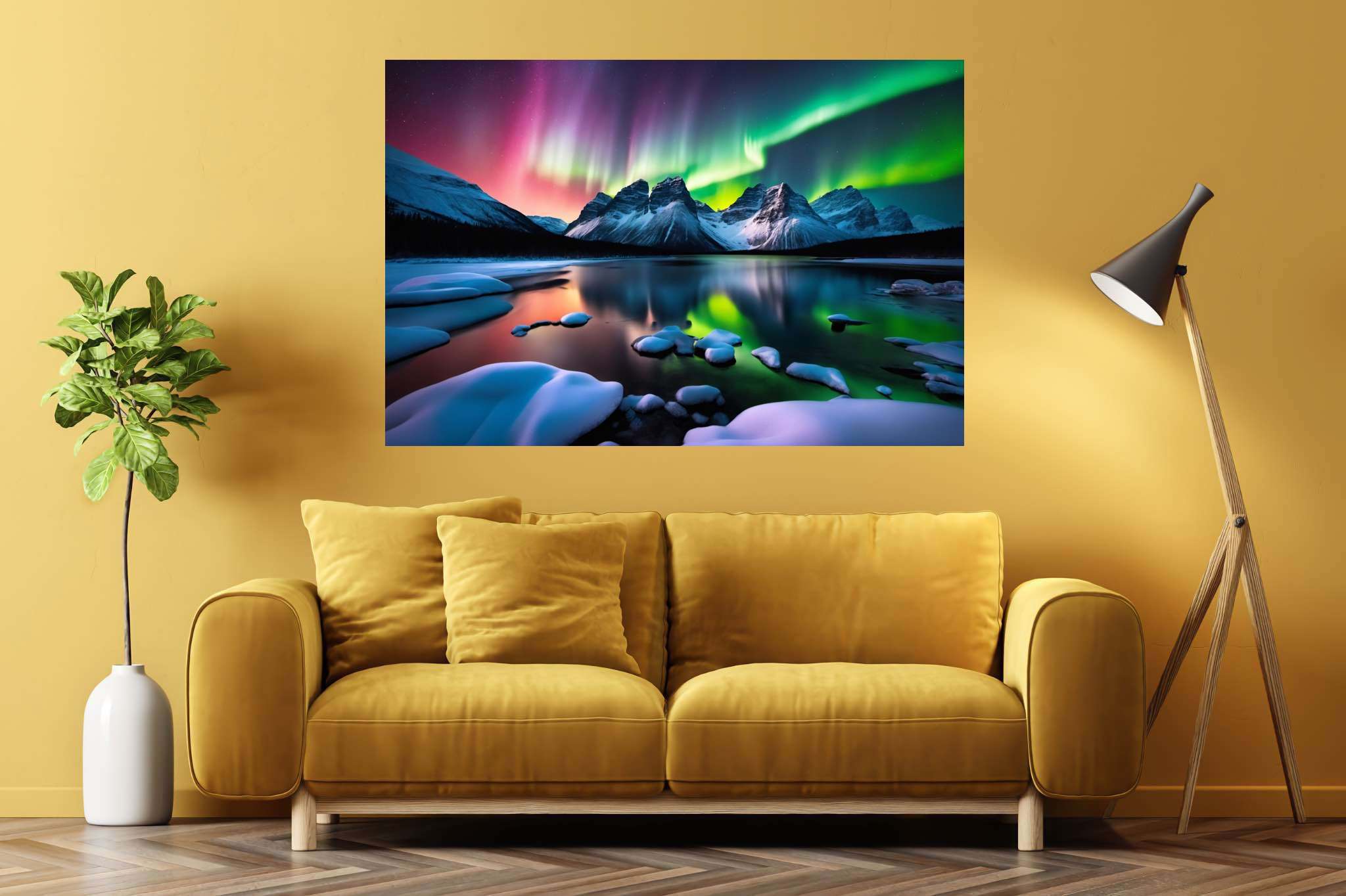Aurora's veil over silent peaks: Majestic landscape art with nature-inspired artwork, in a room with great design, photographic wall art, and trendy home accents. The art can be printed on poster, framed poster, canvas, metal, acrylic or wood, exclusively at WallArtZen. Find this exact print at https://wallartzen.com/waz134