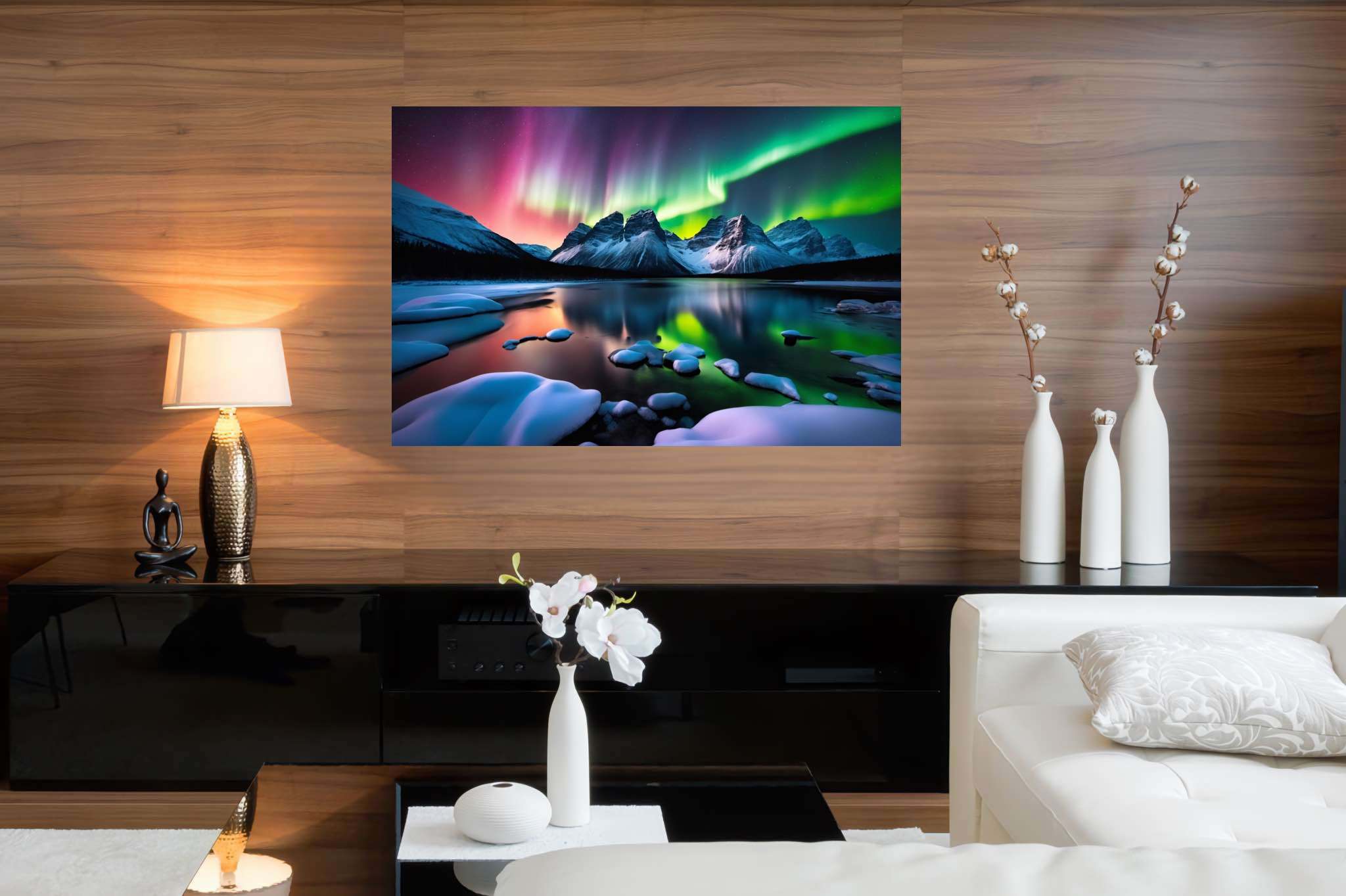 Aurora's veil over silent peaks: Majestic landscape art with breathtaking landscapes, in a room with artistic style, mural artworks, and interior decorations. The art can be printed on poster, framed poster, canvas, metal, acrylic or wood, exclusively at WallArtZen. Find this exact print at https://wallartzen.com/waz134
