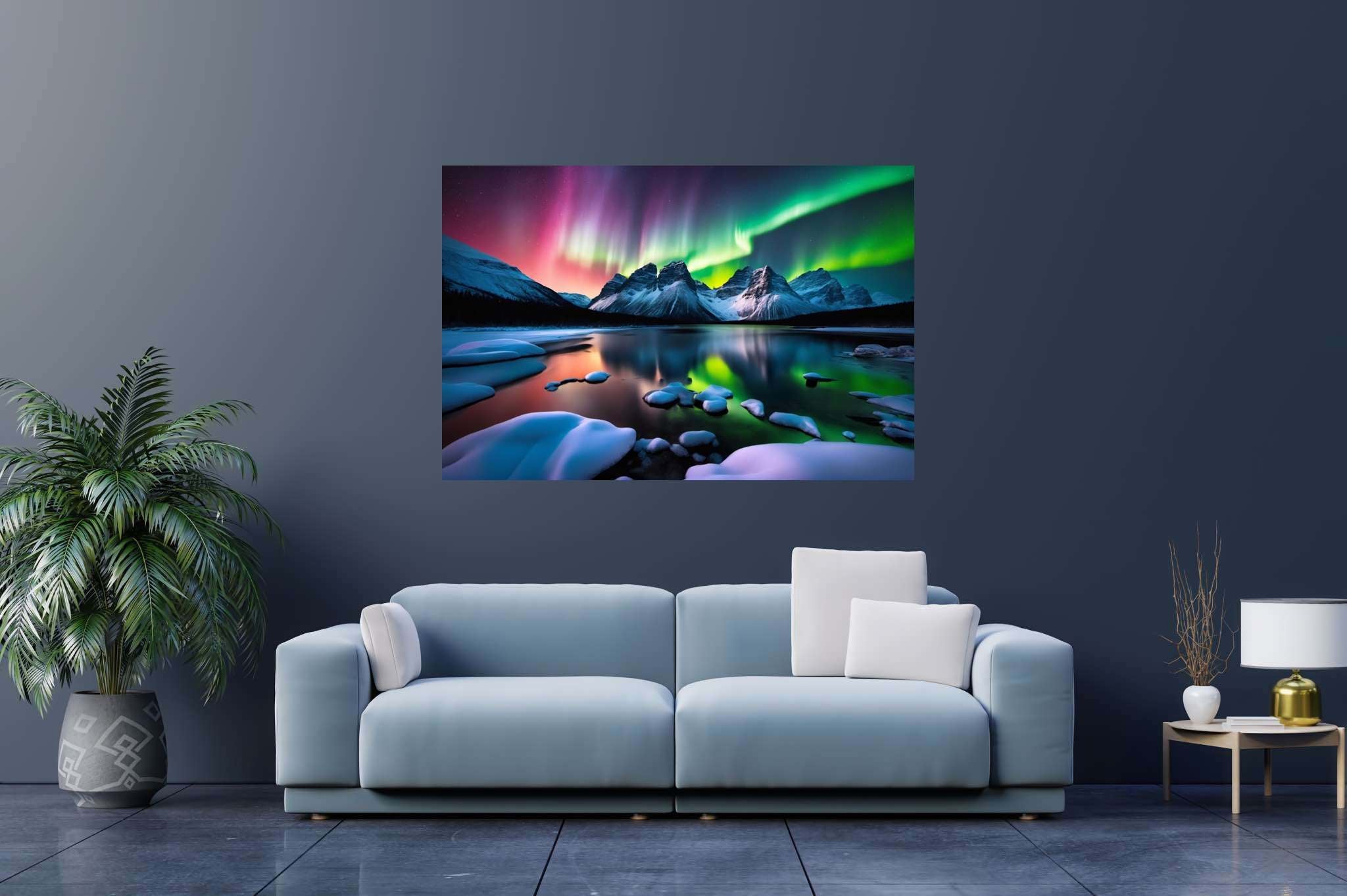 Aurora's veil over silent peaks: Majestic landscape art with majestic landscape art, in a room with classic elegance, mural artworks, and stylish accessories. The art can be printed on poster, framed poster, canvas, metal, acrylic or wood, exclusively at WallArtZen. Find this exact print at https://wallartzen.com/waz134