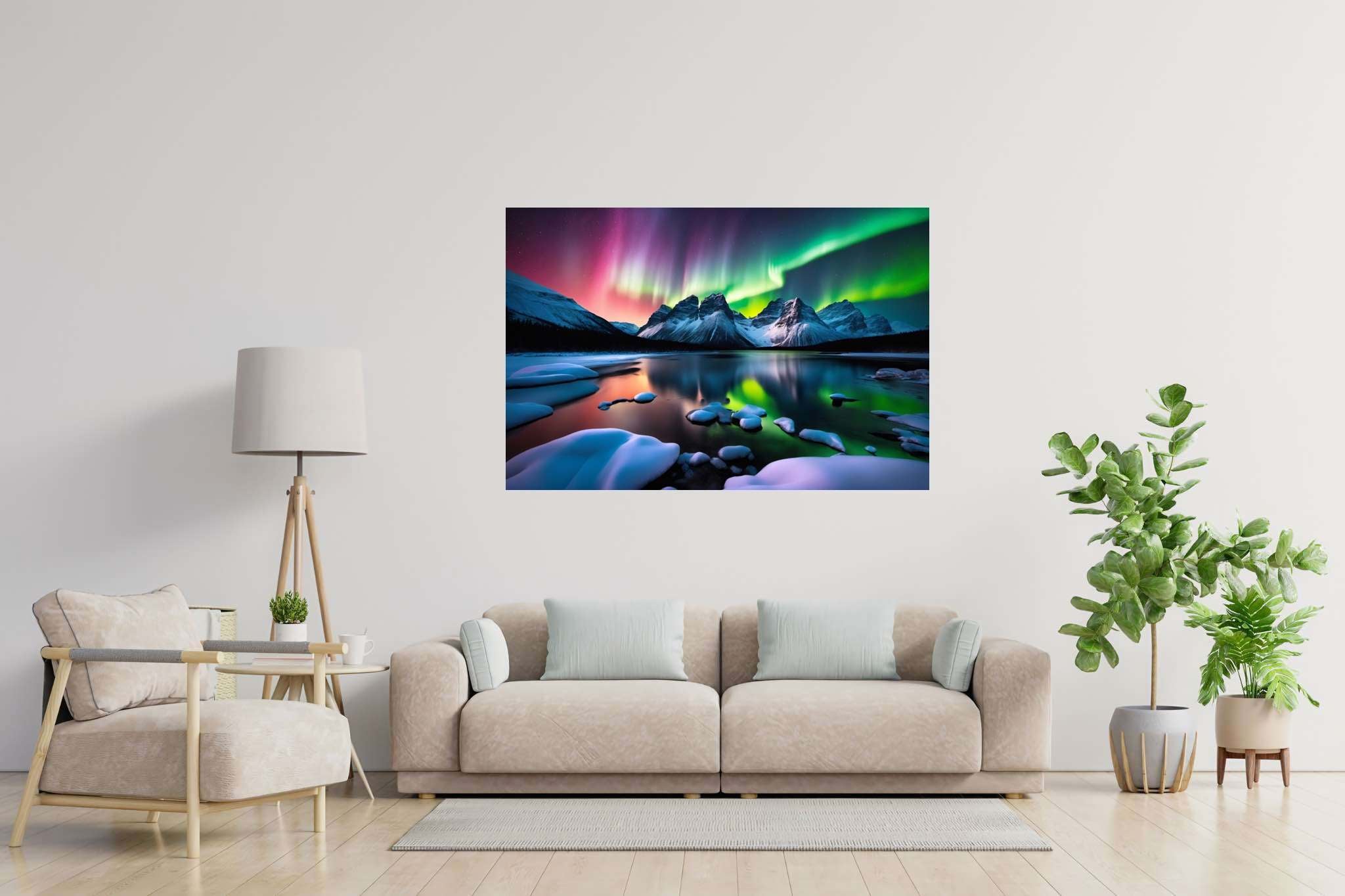 Aurora's veil over silent peaks: Majestic landscape art with sublime nature artwork, in a room with artistic style, canvas prints, and designer furniture. The art can be printed on poster, framed poster, canvas, metal, acrylic or wood, exclusively at WallArtZen. Find this exact print at https://wallartzen.com/waz134