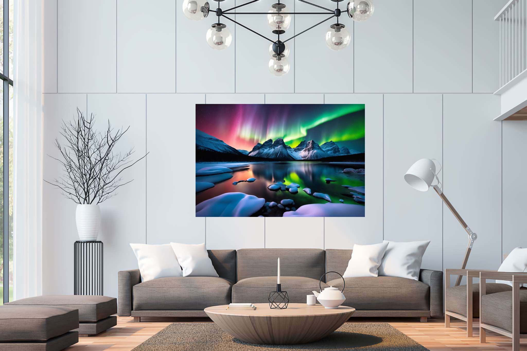 Aurora's veil over silent peaks: Majestic landscape art with magnificent nature art, in a room with chic decor, canvas prints, and home styling items. The art can be printed on poster, framed poster, canvas, metal, acrylic or wood, exclusively at WallArtZen. Find this exact print at https://wallartzen.com/waz134