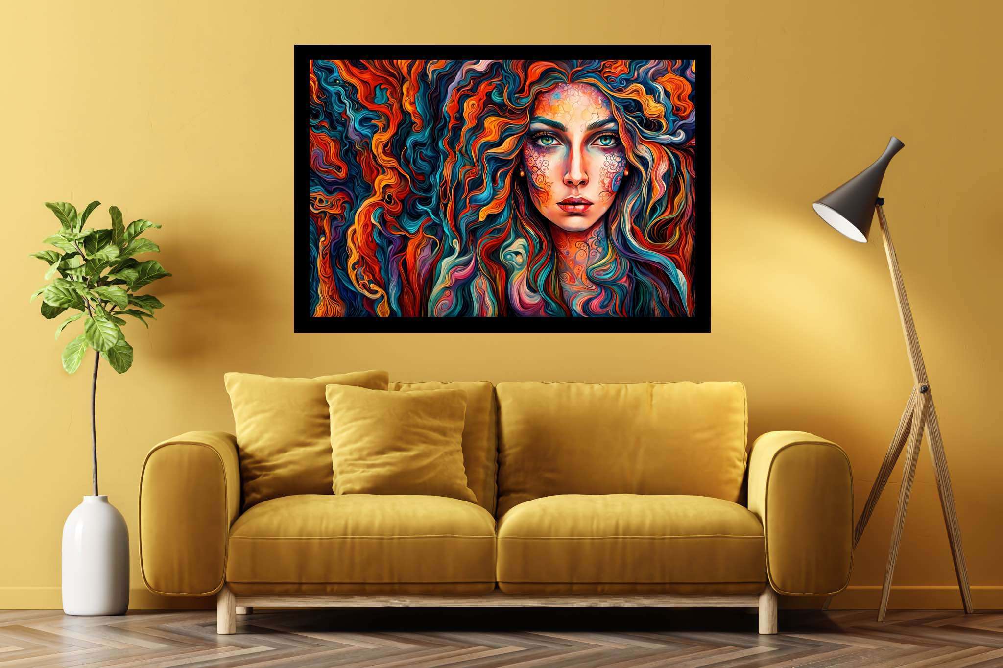 Curlscape serenade: Curly-haired woman art with curly-haired woman aesthetics, in a room with chic decor, digital art pieces, and decorative pieces. The art can be printed on poster, framed poster, canvas, metal, acrylic or wood, exclusively at WallArtZen. Find this exact print at https://wallartzen.com/waz135